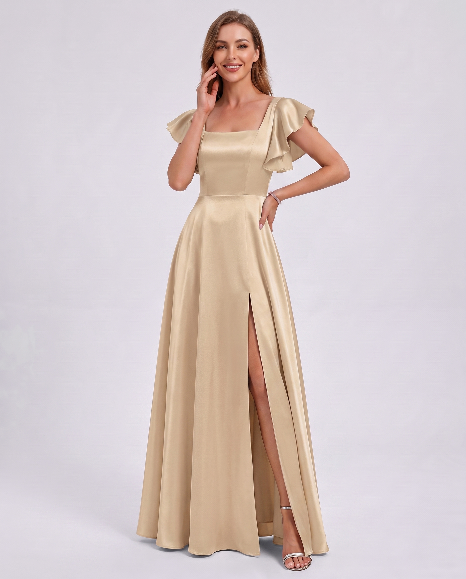 Satin Short Flutter Sleeve Square Neck A-Line Maxi Dress with Pockets for Party, Cocktail, Evening, Wedding Guest & Summer Ev