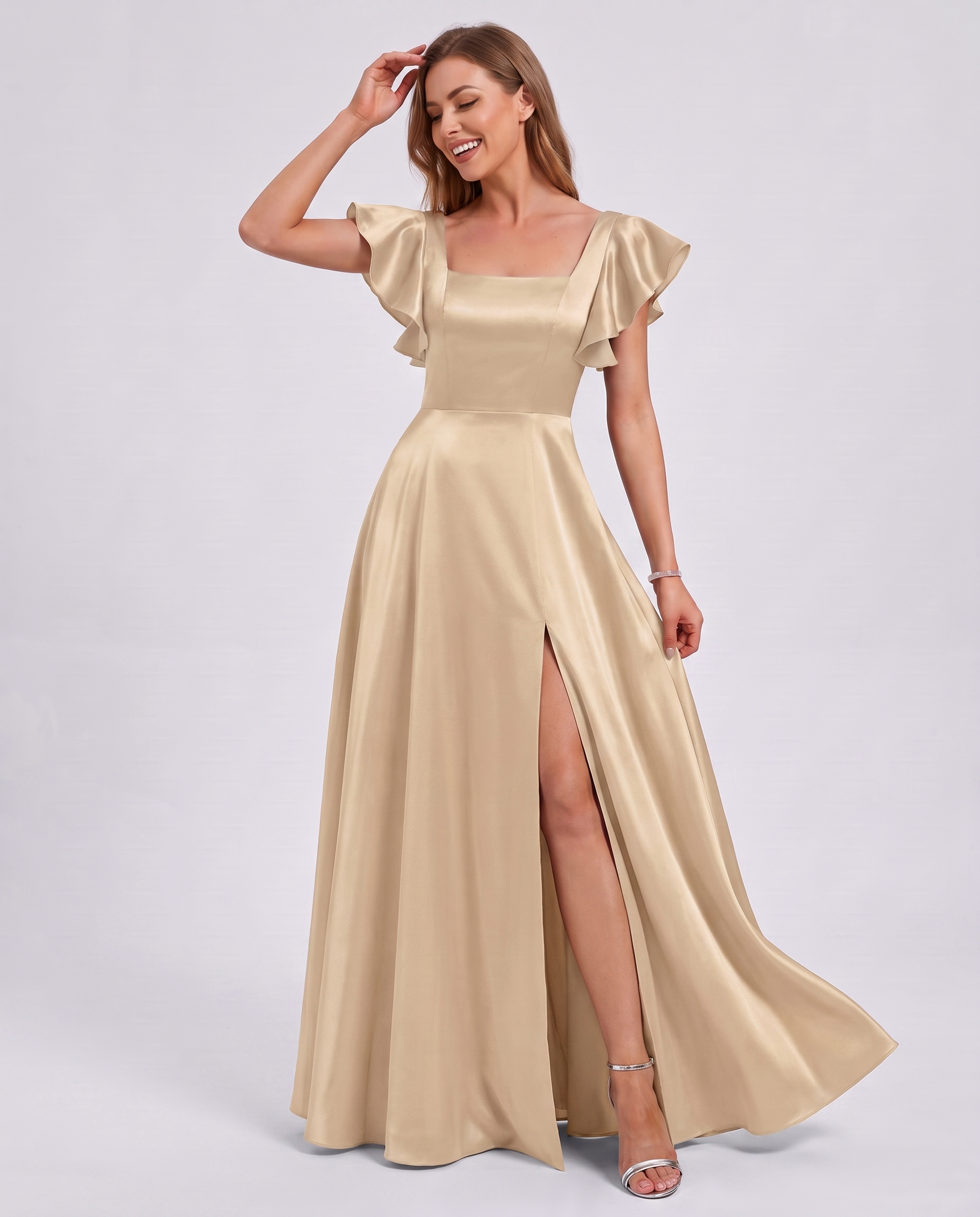 Satin Short Flutter Sleeve Square Neck A-Line Maxi Dress with Pockets for Party, Cocktail, Evening, Wedding Guest & Summer Ev