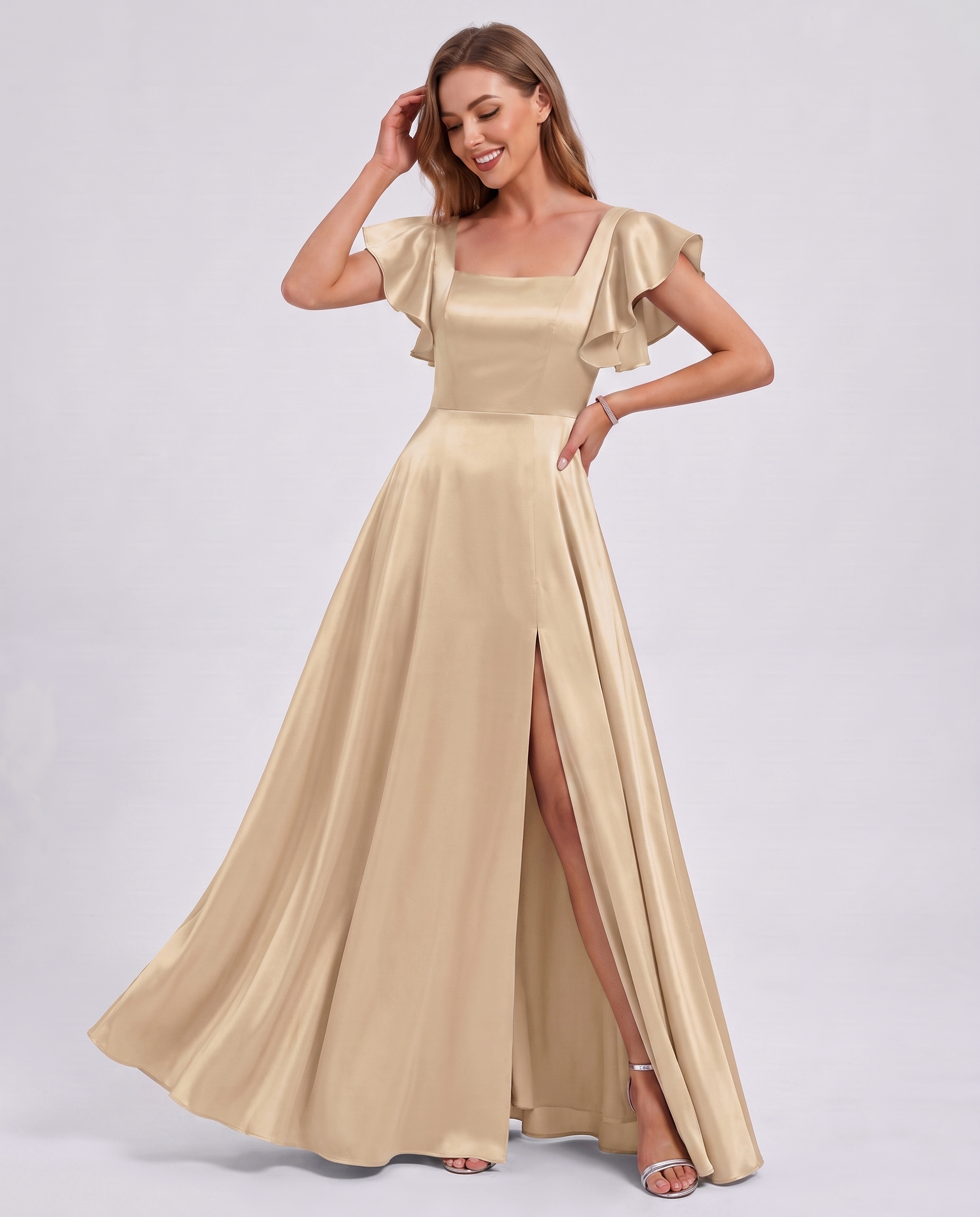 Satin Short Flutter Sleeve Square Neck A-Line Maxi Dress with Pockets for Party, Cocktail, Evening, Wedding Guest & Summer Ev