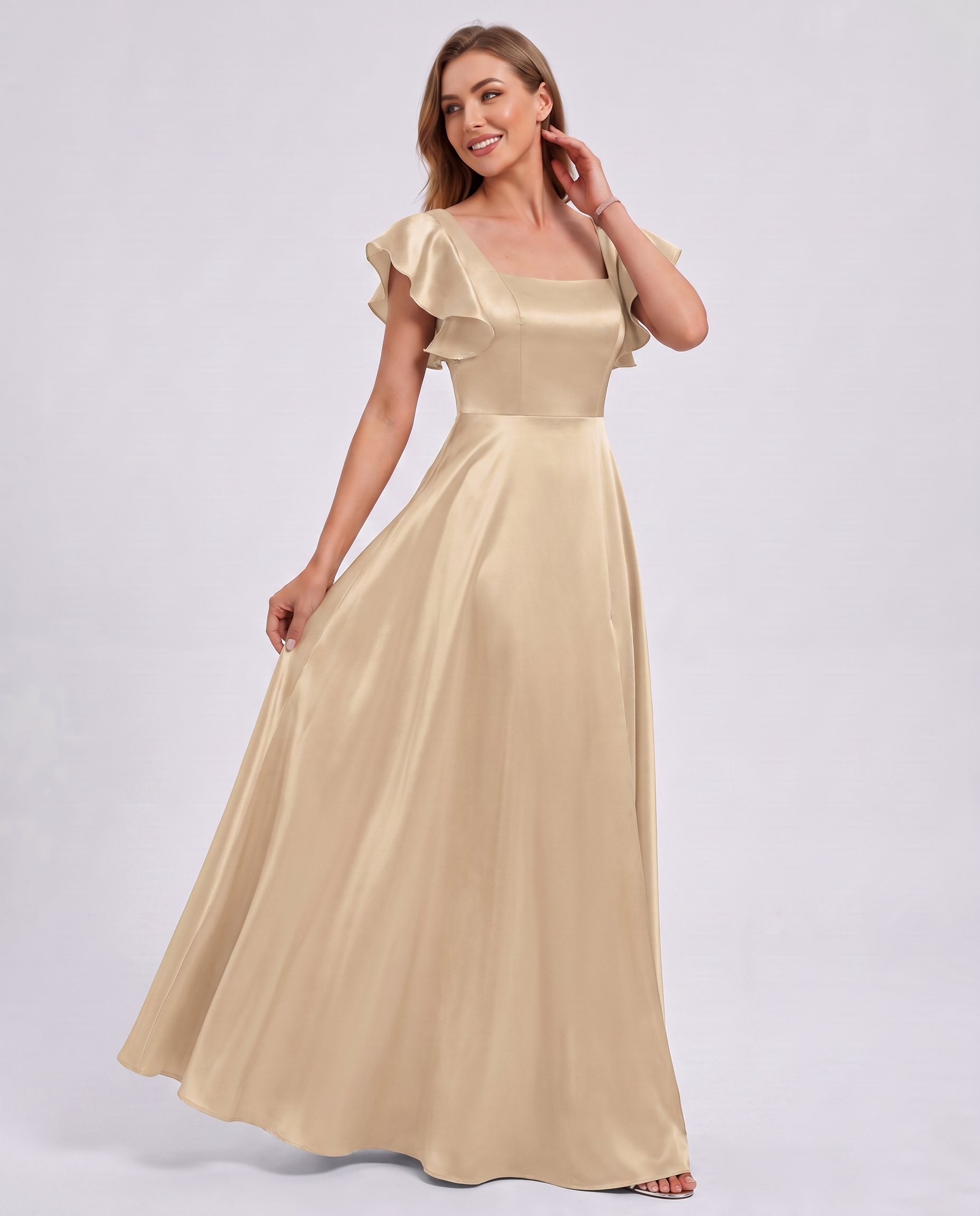 Satin Short Flutter Sleeve Square Neck A-Line Maxi Dress with Pockets for Party, Cocktail, Evening, Wedding Guest & Summer Ev