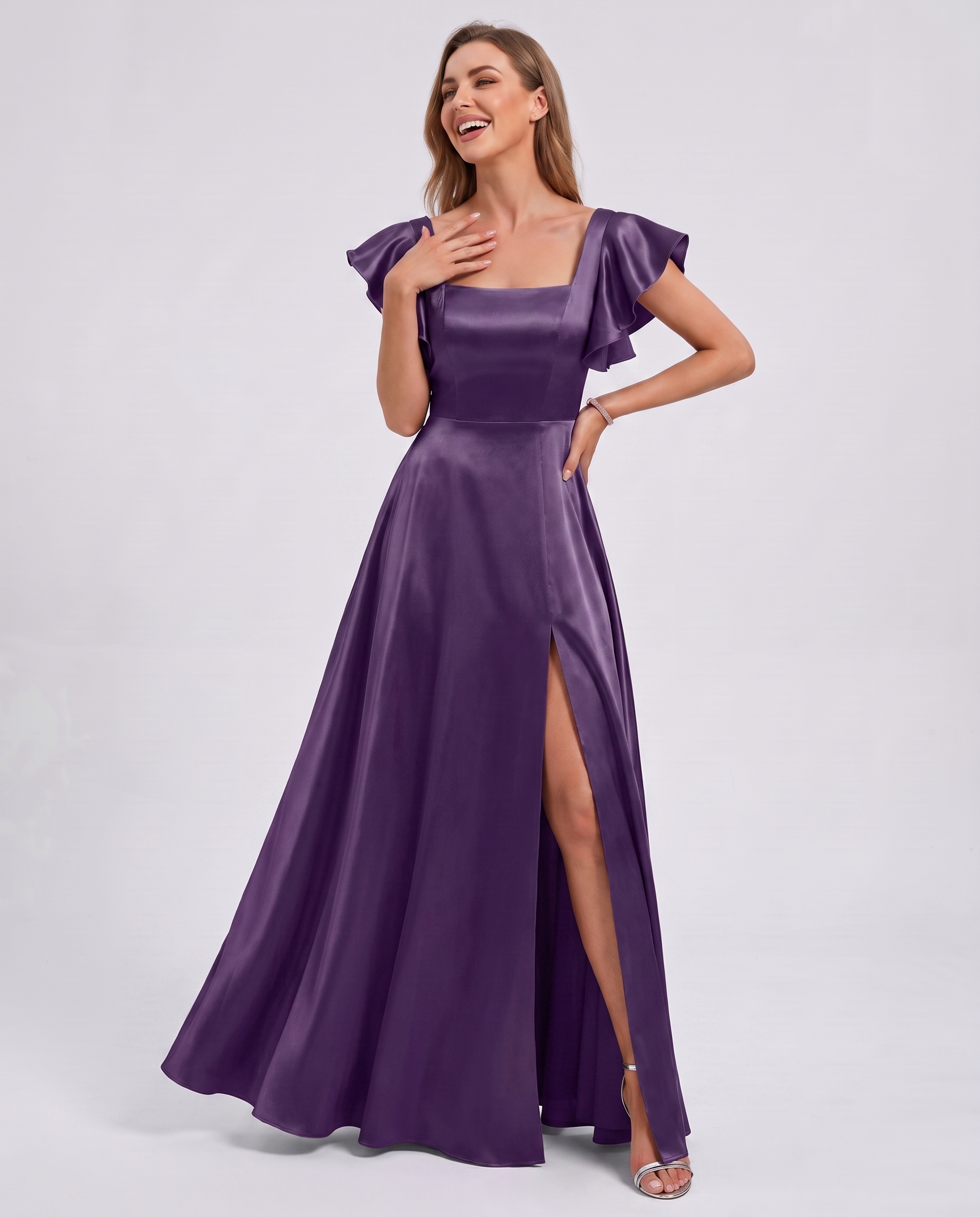 Satin Short Flutter Sleeve Square Neck A-Line Maxi Dress with Pockets for Party, Cocktail, Evening, Wedding Guest & Summer Ev