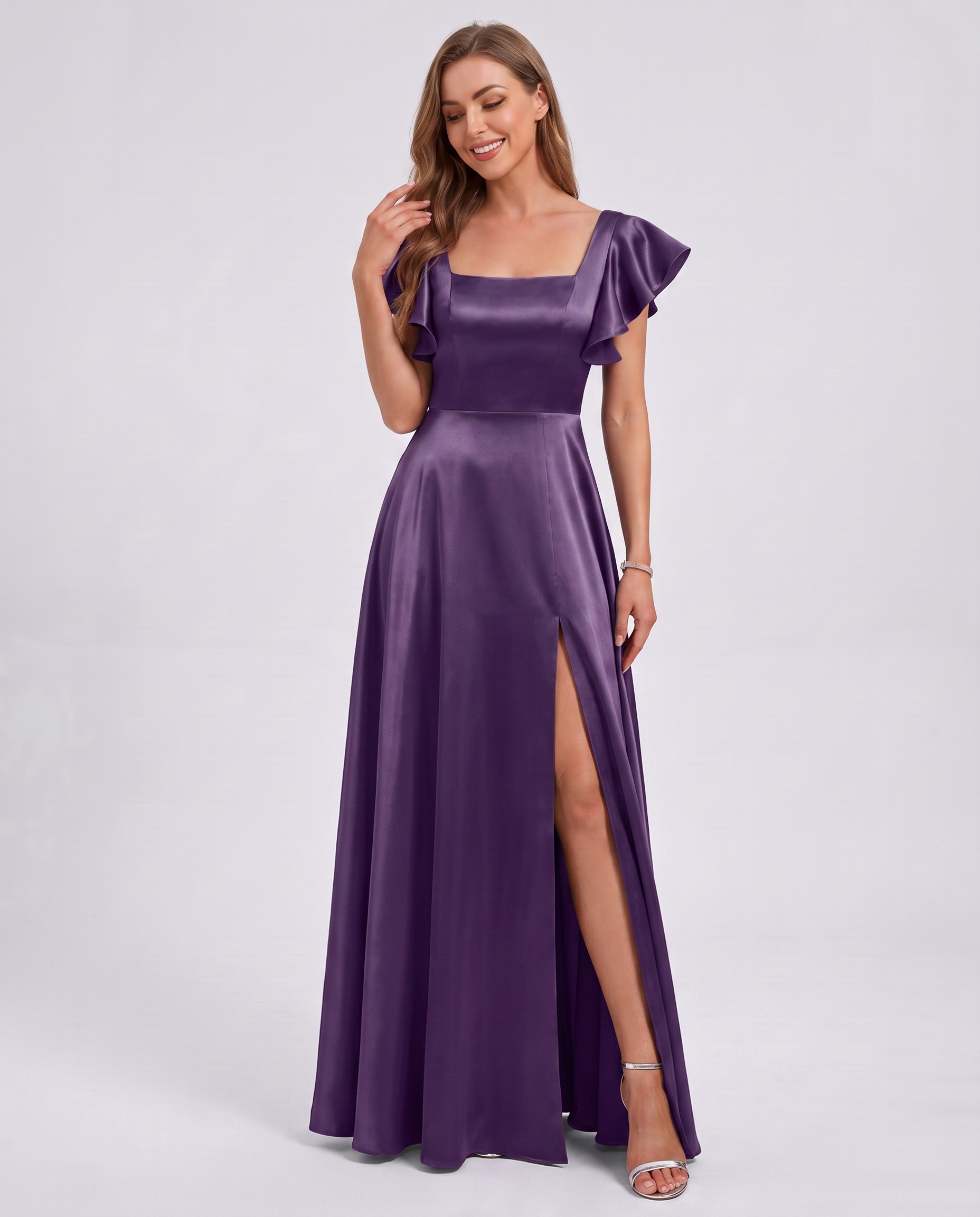 Satin Short Flutter Sleeve Square Neck A-Line Maxi Dress with Pockets for Party, Cocktail, Evening, Wedding Guest & Summer Ev