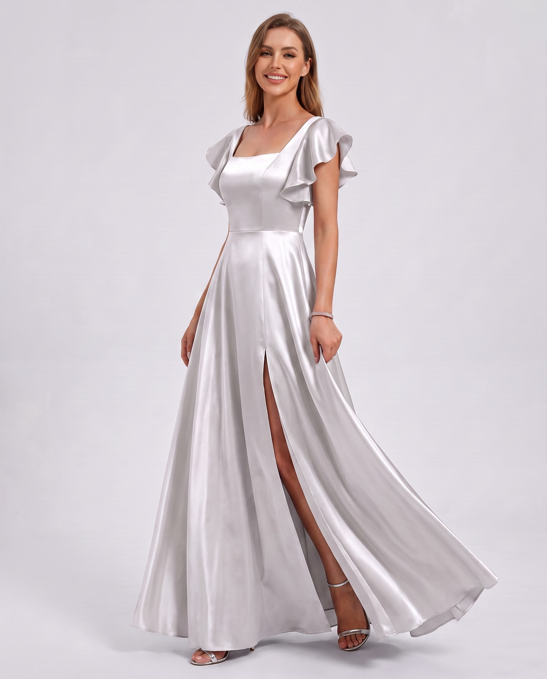 Satin Short Flutter Sleeve Square Neck A-Line Maxi Dress with Pockets for Party, Cocktail, Evening, Wedding Guest & Summer Ev
