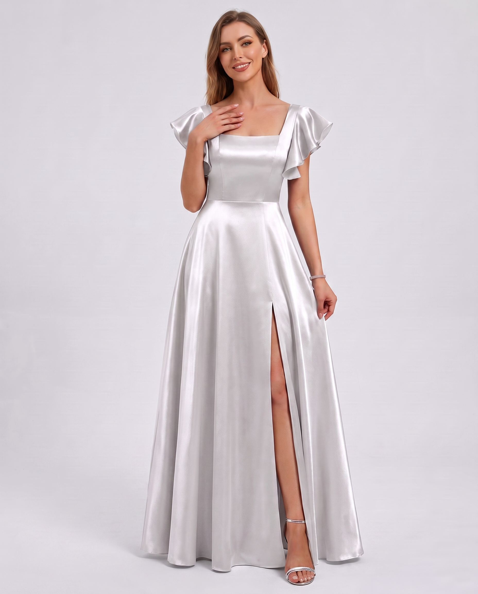 Satin Short Flutter Sleeve Square Neck A-Line Maxi Dress with Pockets for Party, Cocktail, Evening, Wedding Guest & Summer Ev