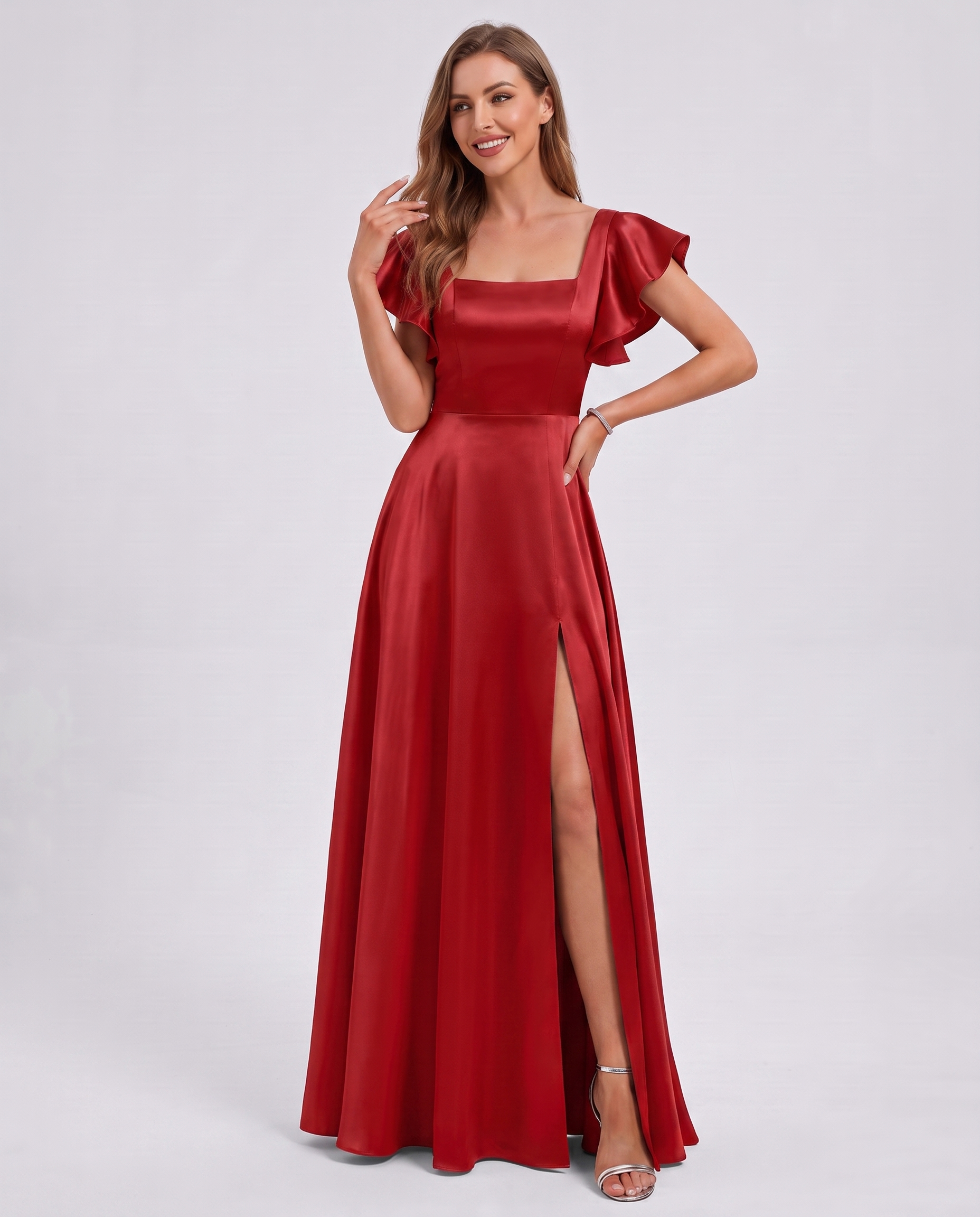 Satin Short Flutter Sleeve Square Neck A-Line Maxi Dress with Pockets for Party, Cocktail, Evening, Wedding Guest & Summer Ev