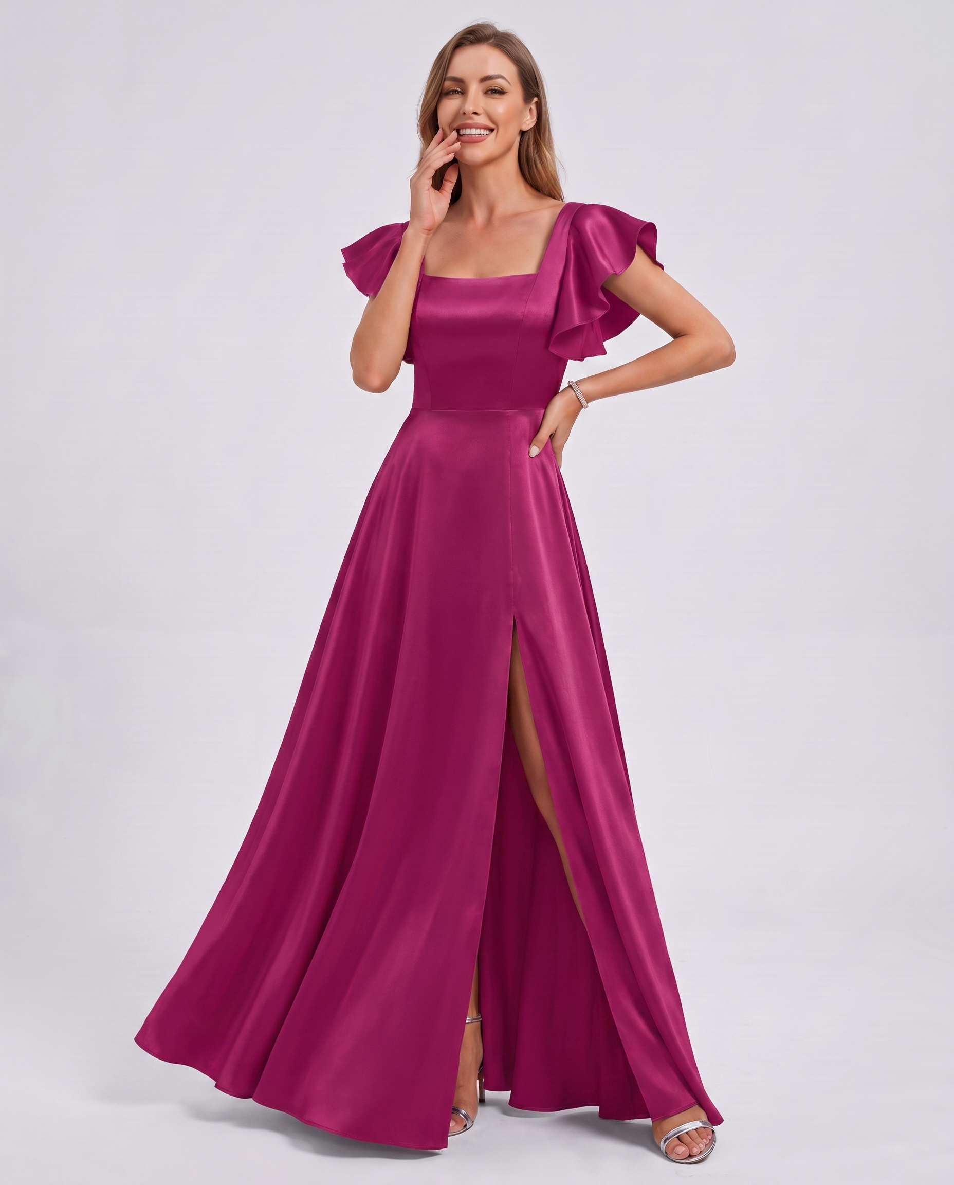 Satin Short Flutter Sleeve Square Neck A-Line Maxi Dress with Pockets for Party, Cocktail, Evening, Wedding Guest & Summer Ev