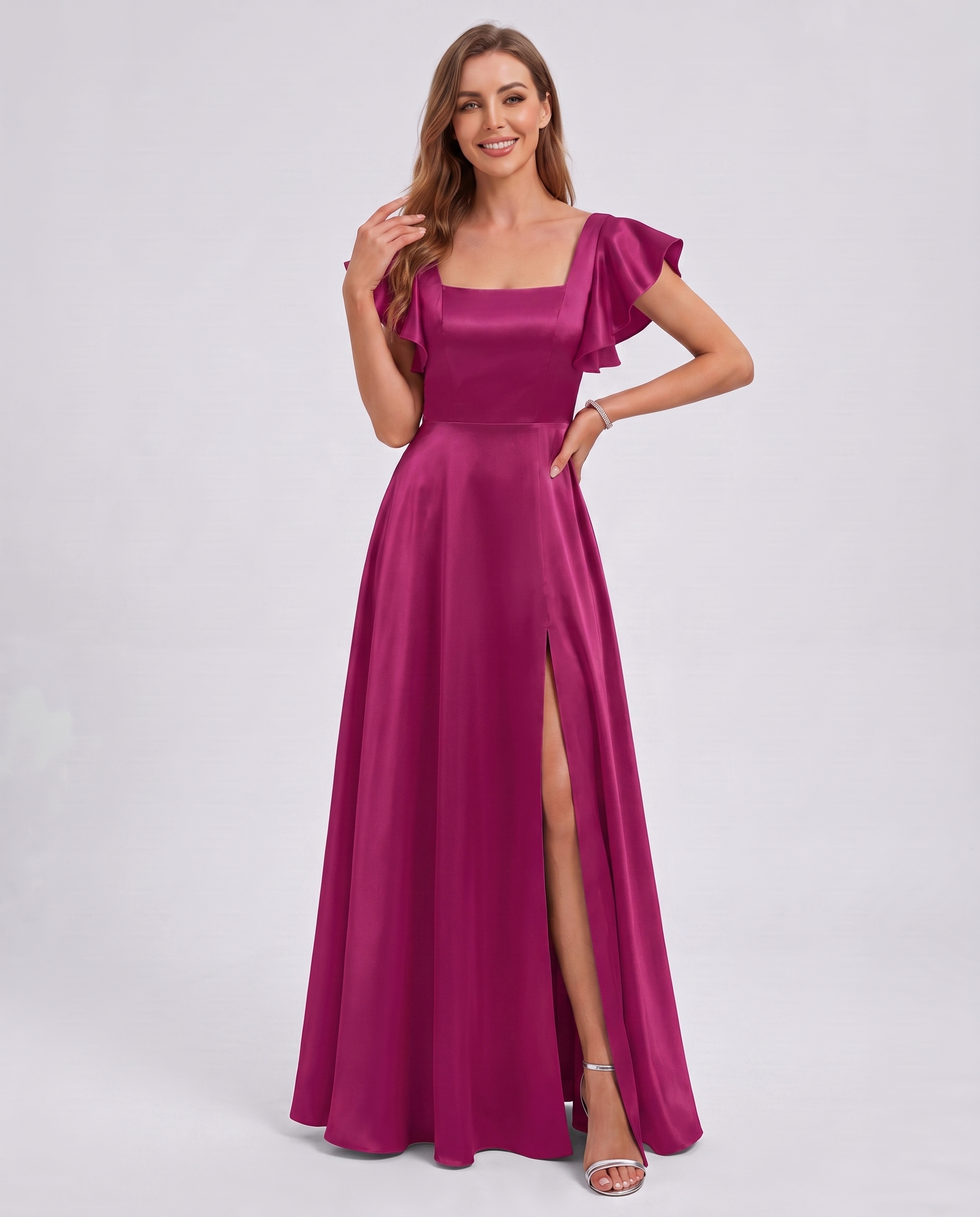 Satin Short Flutter Sleeve Square Neck A-Line Maxi Dress with Pockets for Party, Cocktail, Evening, Wedding Guest & Summer Ev