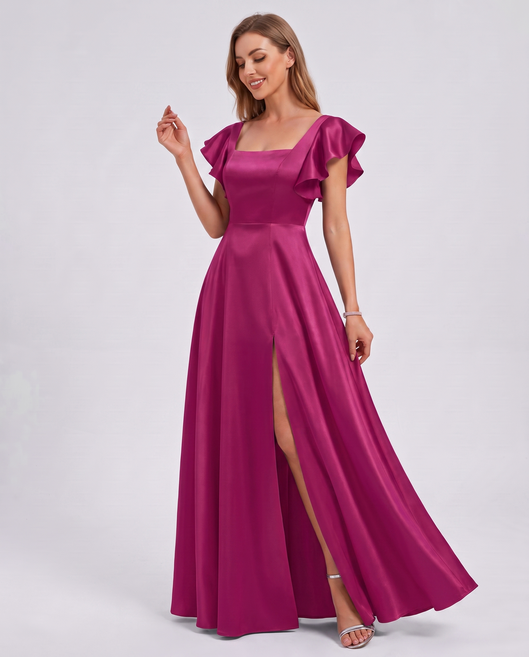 Satin Short Flutter Sleeve Square Neck A-Line Maxi Dress with Pockets for Party, Cocktail, Evening, Wedding Guest & Summer Ev