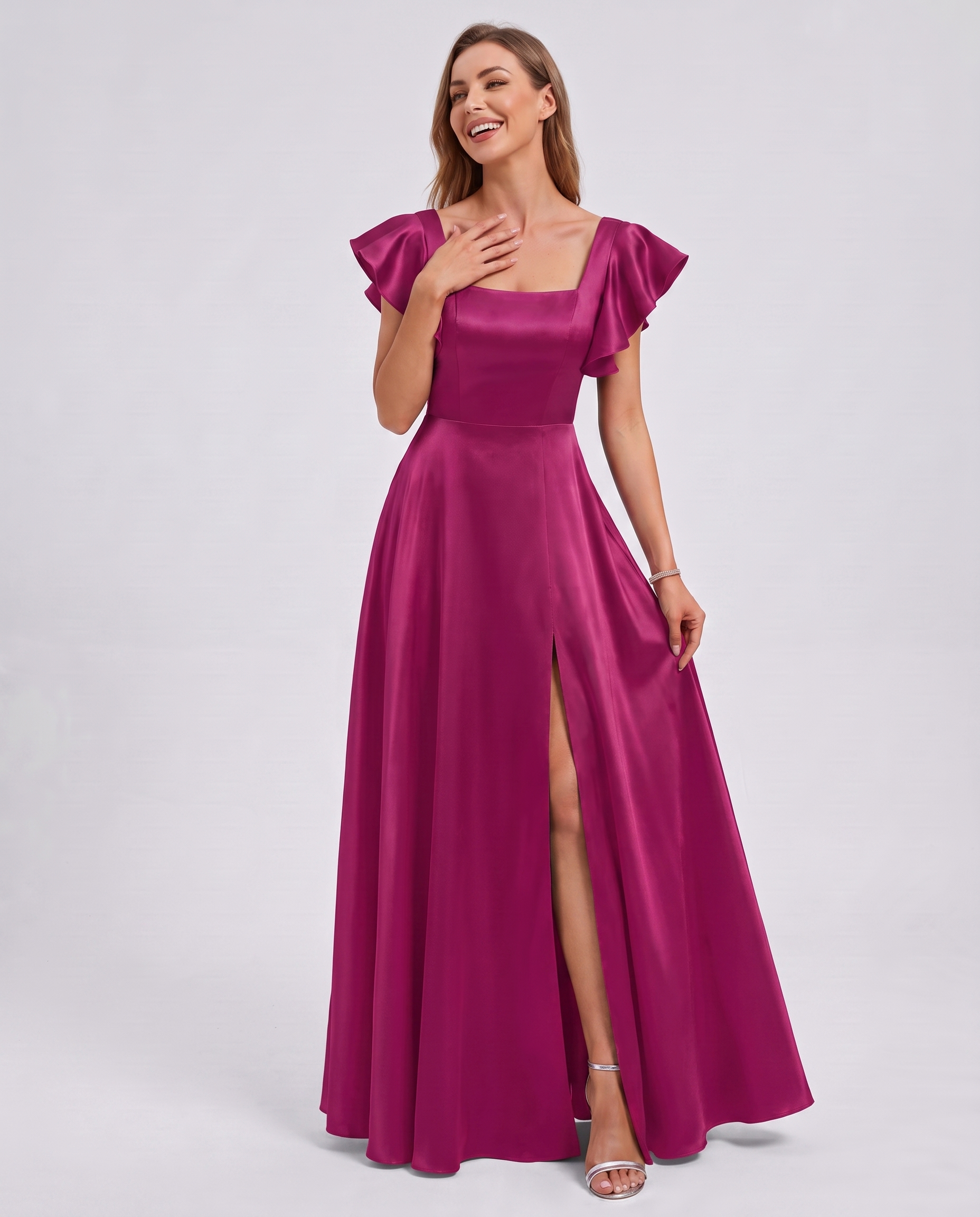 Satin Short Flutter Sleeve Square Neck A-Line Maxi Dress with Pockets for Party, Cocktail, Evening, Wedding Guest & Summer Ev