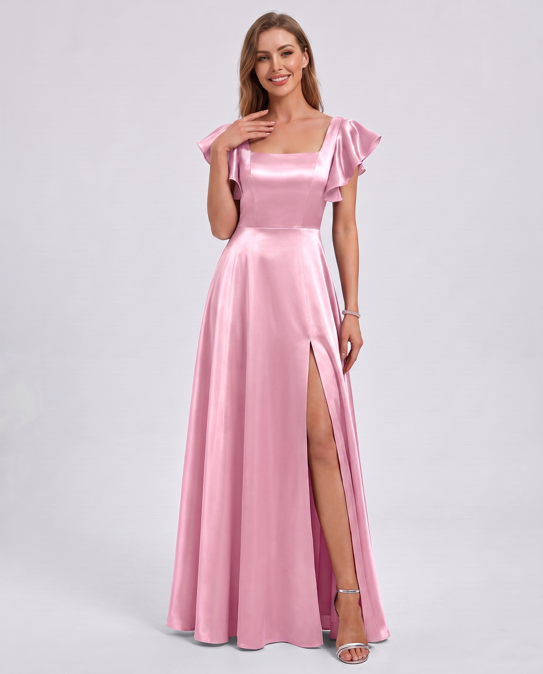 Satin Short Flutter Sleeve Square Neck A-Line Maxi Dress with Pockets for Party, Cocktail, Evening, Wedding Guest & Summer Ev