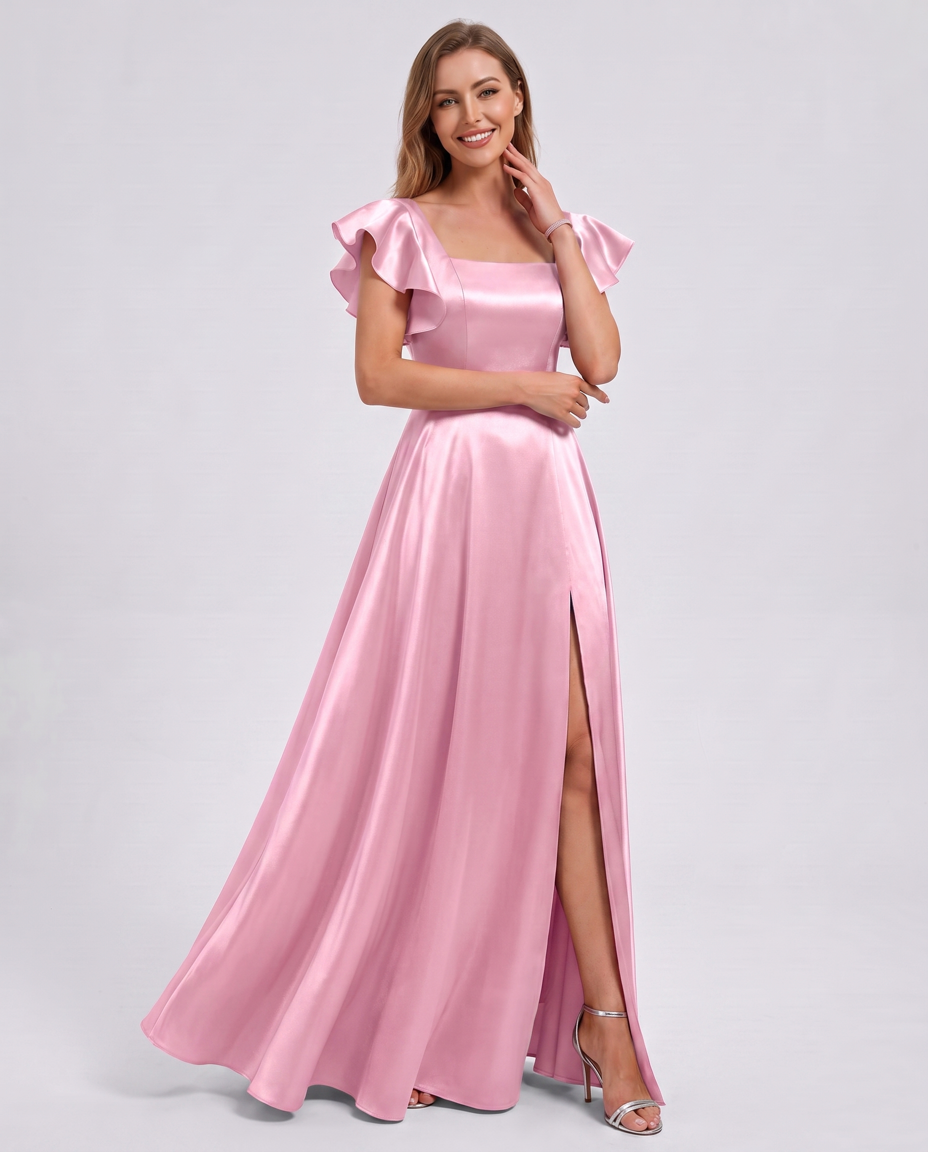 Satin Short Flutter Sleeve Square Neck A-Line Maxi Dress with Pockets for Party, Cocktail, Evening, Wedding Guest & Summer Ev