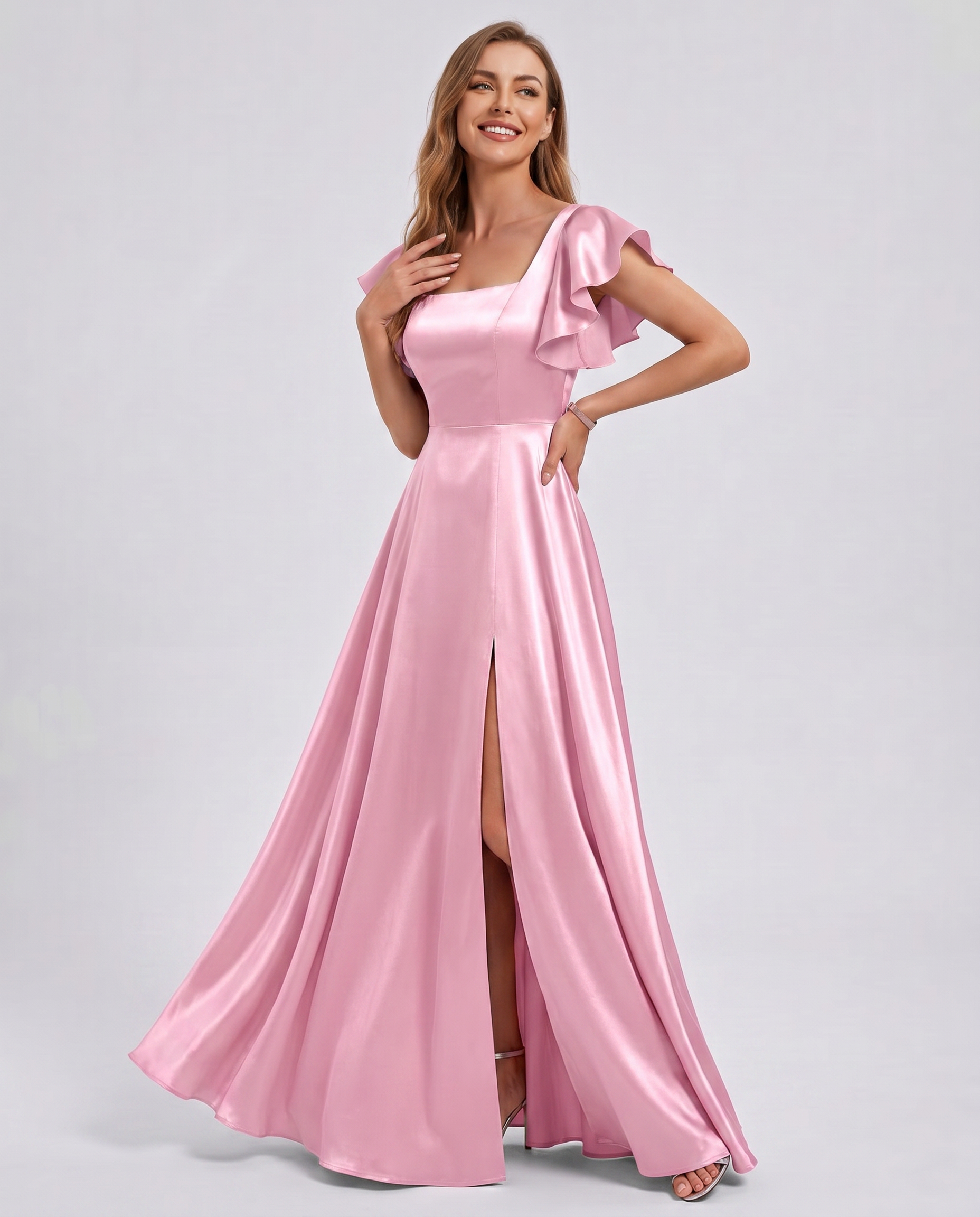 Satin Short Flutter Sleeve Square Neck A-Line Maxi Dress with Pockets for Party, Cocktail, Evening, Wedding Guest & Summer Ev