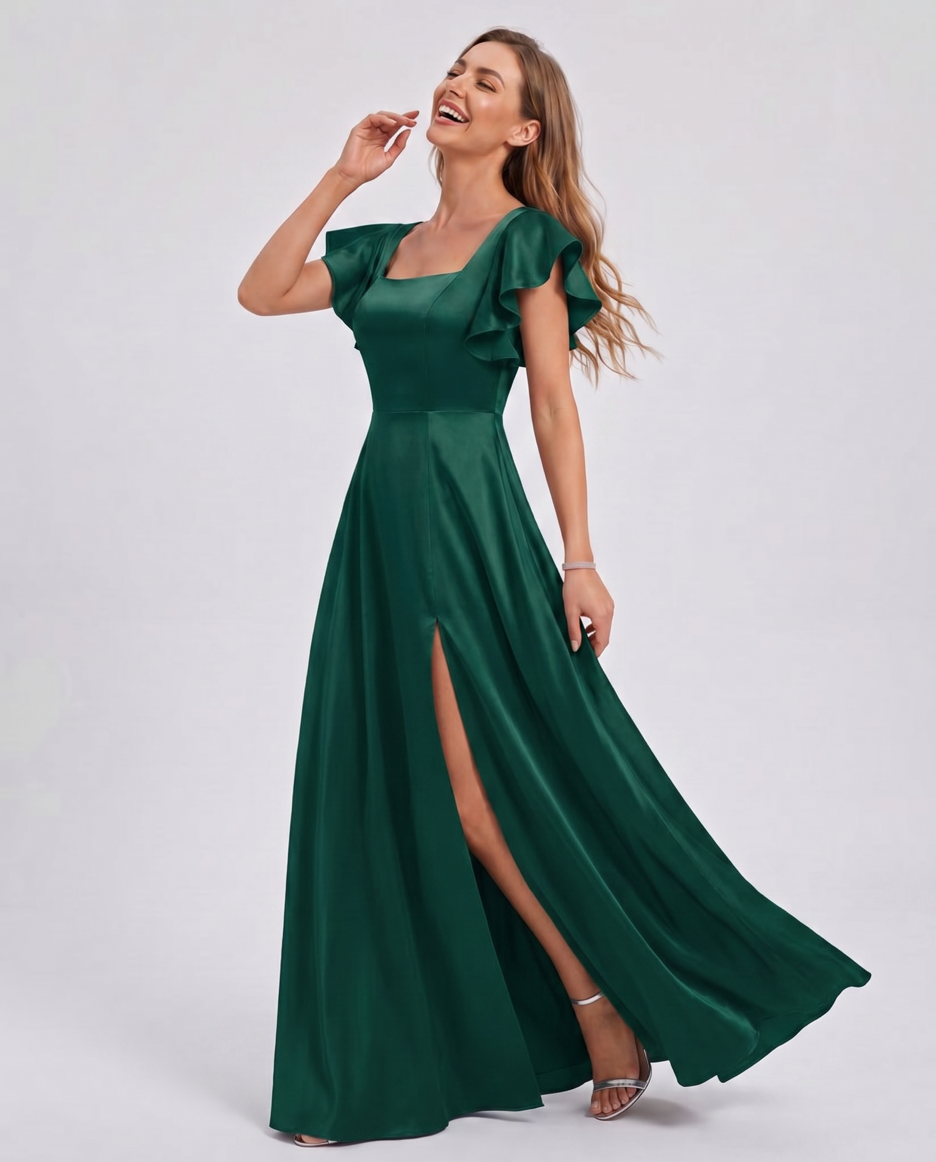 Satin Short Flutter Sleeve Square Neck A-Line Maxi Dress with Pockets for Party, Cocktail, Evening, Wedding Guest & Summer Ev