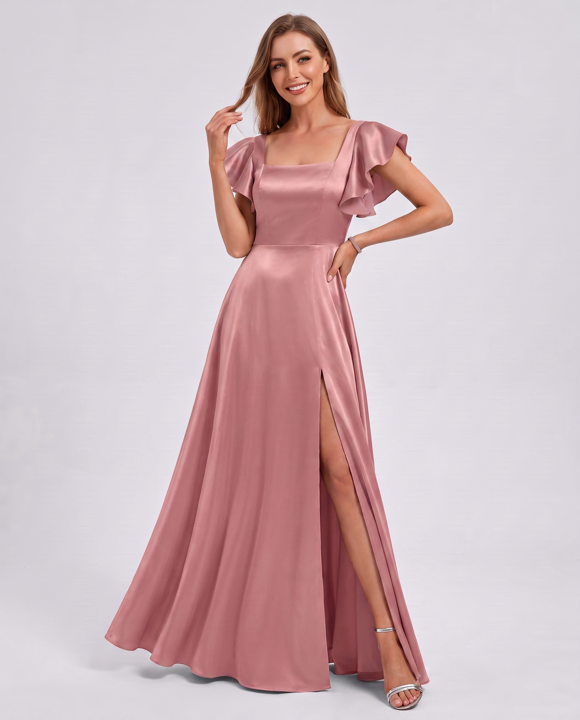 Satin Short Flutter Sleeve Square Neck A-Line Maxi Dress with Pockets for Party, Cocktail, Evening, Wedding Guest & Summer Ev