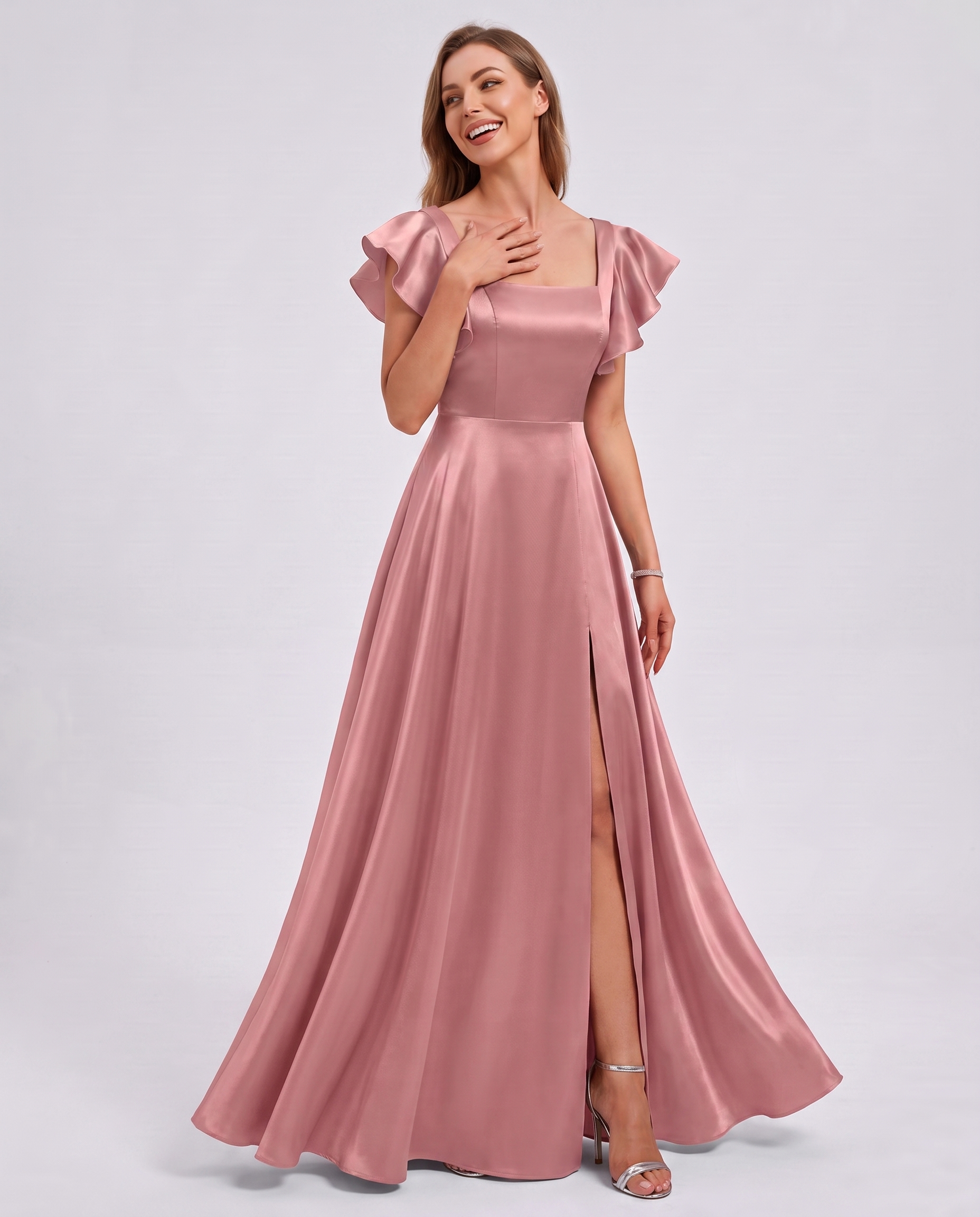 Satin Short Flutter Sleeve Square Neck A-Line Maxi Dress with Pockets for Party, Cocktail, Evening, Wedding Guest & Summer Ev