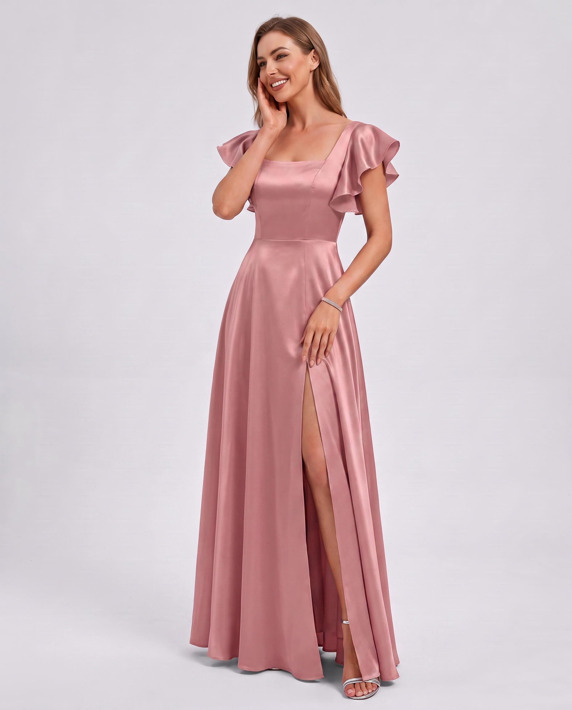 Satin Short Flutter Sleeve Square Neck A-Line Maxi Dress with Pockets for Party, Cocktail, Evening, Wedding Guest & Summer Ev