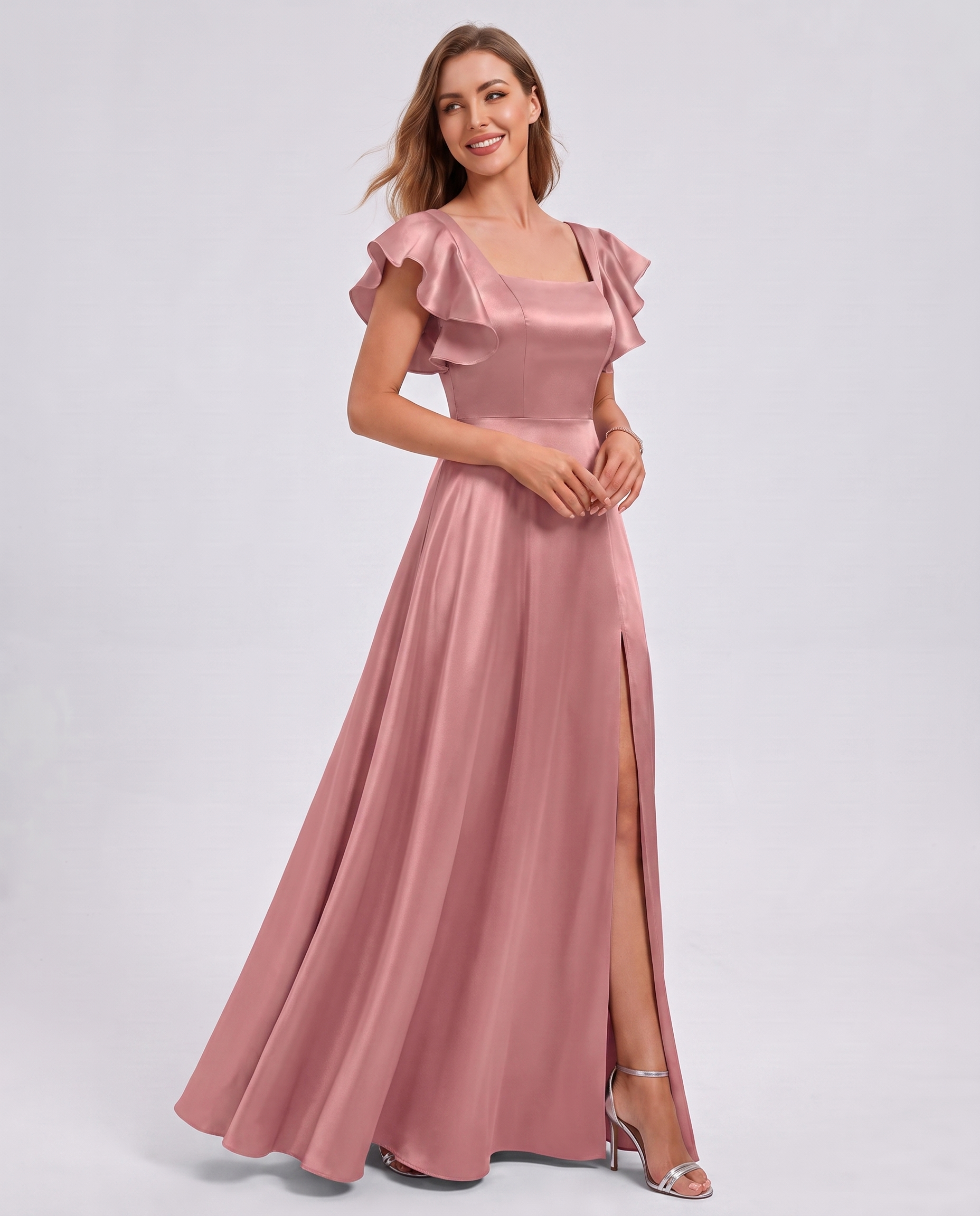 Satin Short Flutter Sleeve Square Neck A-Line Maxi Dress with Pockets for Party, Cocktail, Evening, Wedding Guest & Summer Ev
