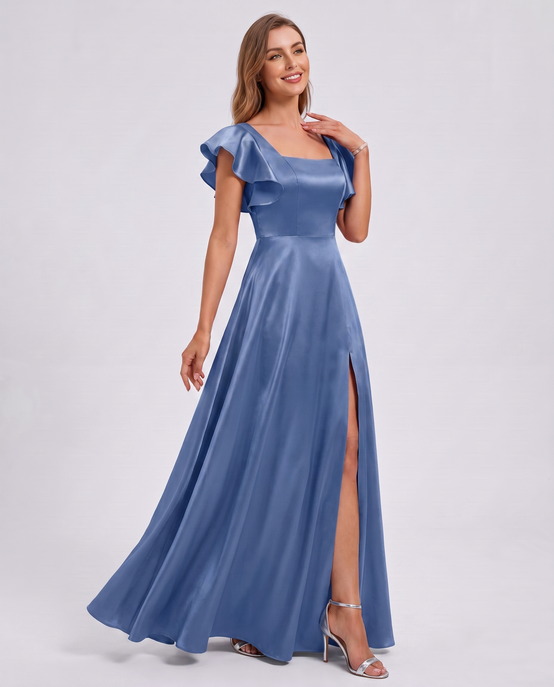 Satin Short Flutter Sleeve Square Neck A-Line Maxi Dress with Pockets for Party, Cocktail, Evening, Wedding Guest & Summer Ev