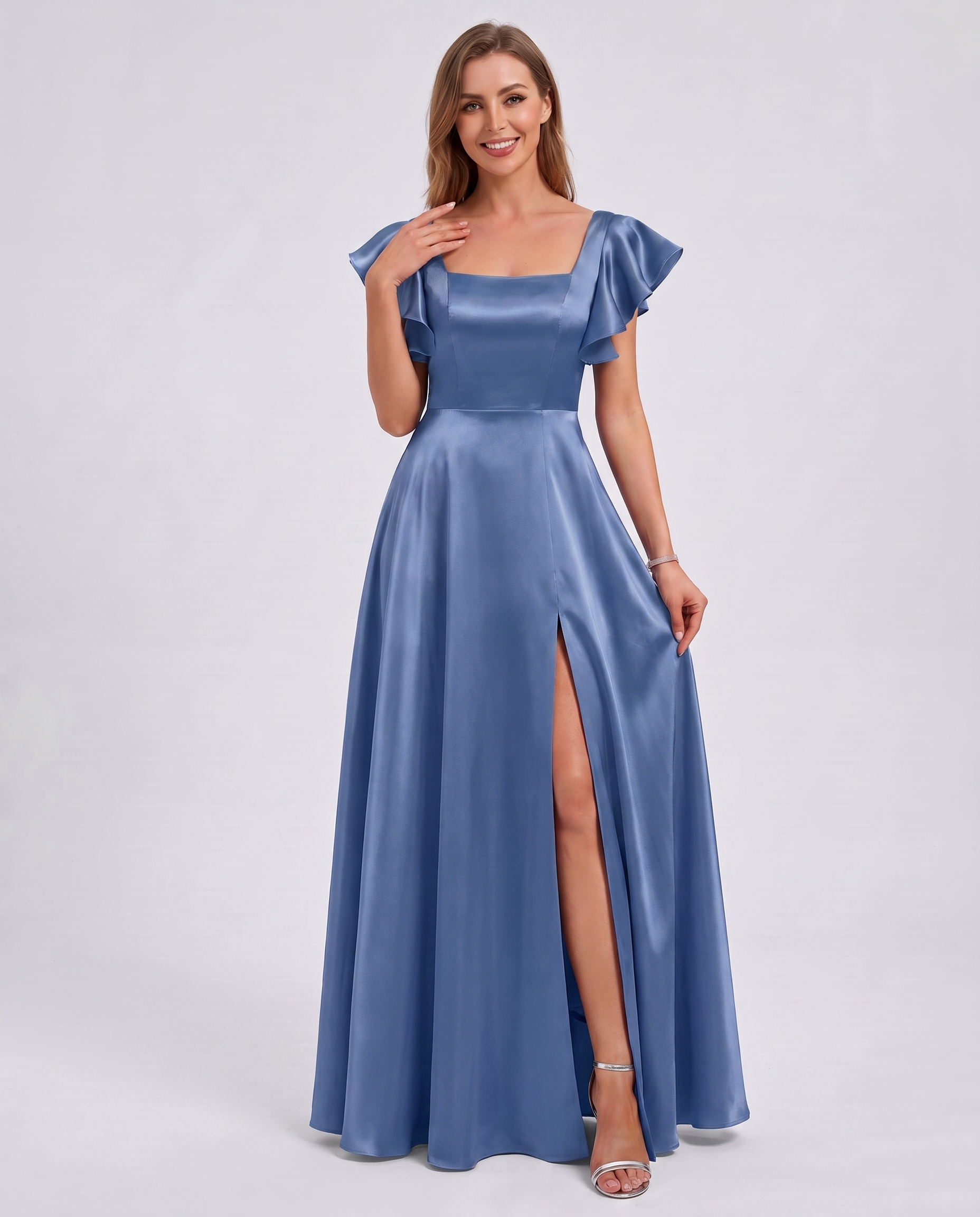 Satin Short Flutter Sleeve Square Neck A-Line Maxi Dress with Pockets for Party, Cocktail, Evening, Wedding Guest & Summer Ev