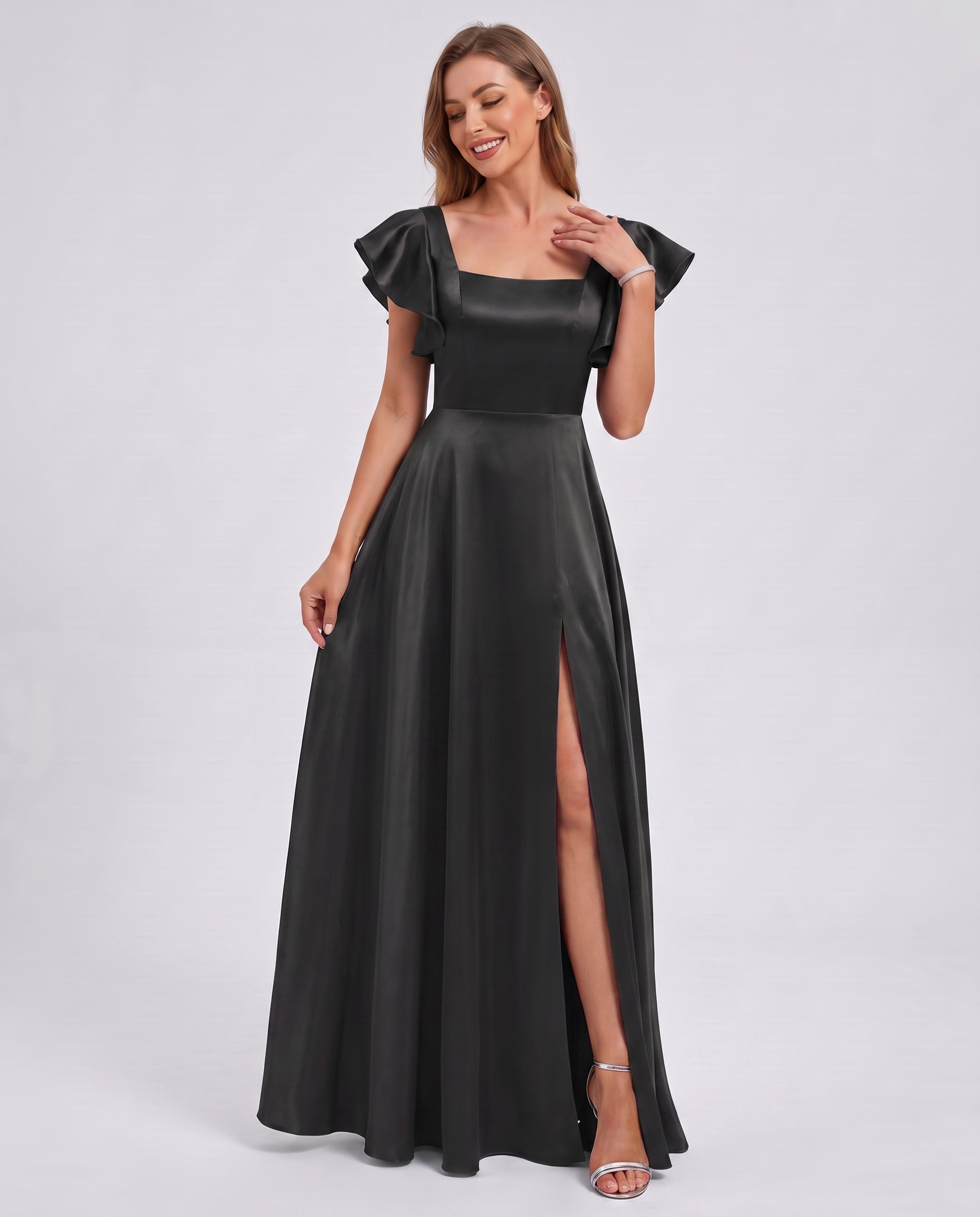 Satin Short Flutter Sleeve Square Neck A-Line Maxi Dress with Pockets for Party, Cocktail, Evening, Wedding Guest & Summer Ev