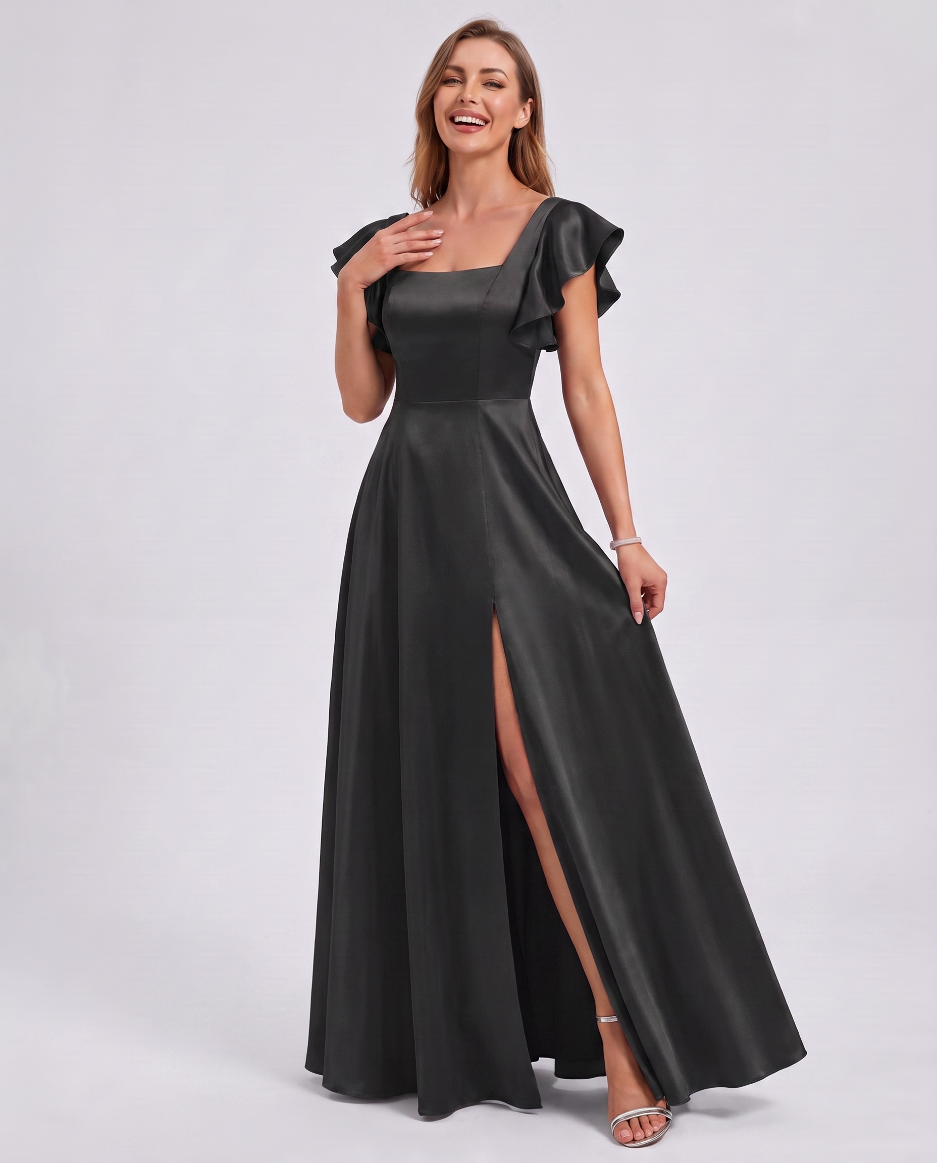 Satin Short Flutter Sleeve Square Neck A-Line Maxi Dress with Pockets for Party, Cocktail, Evening, Wedding Guest & Summer Ev