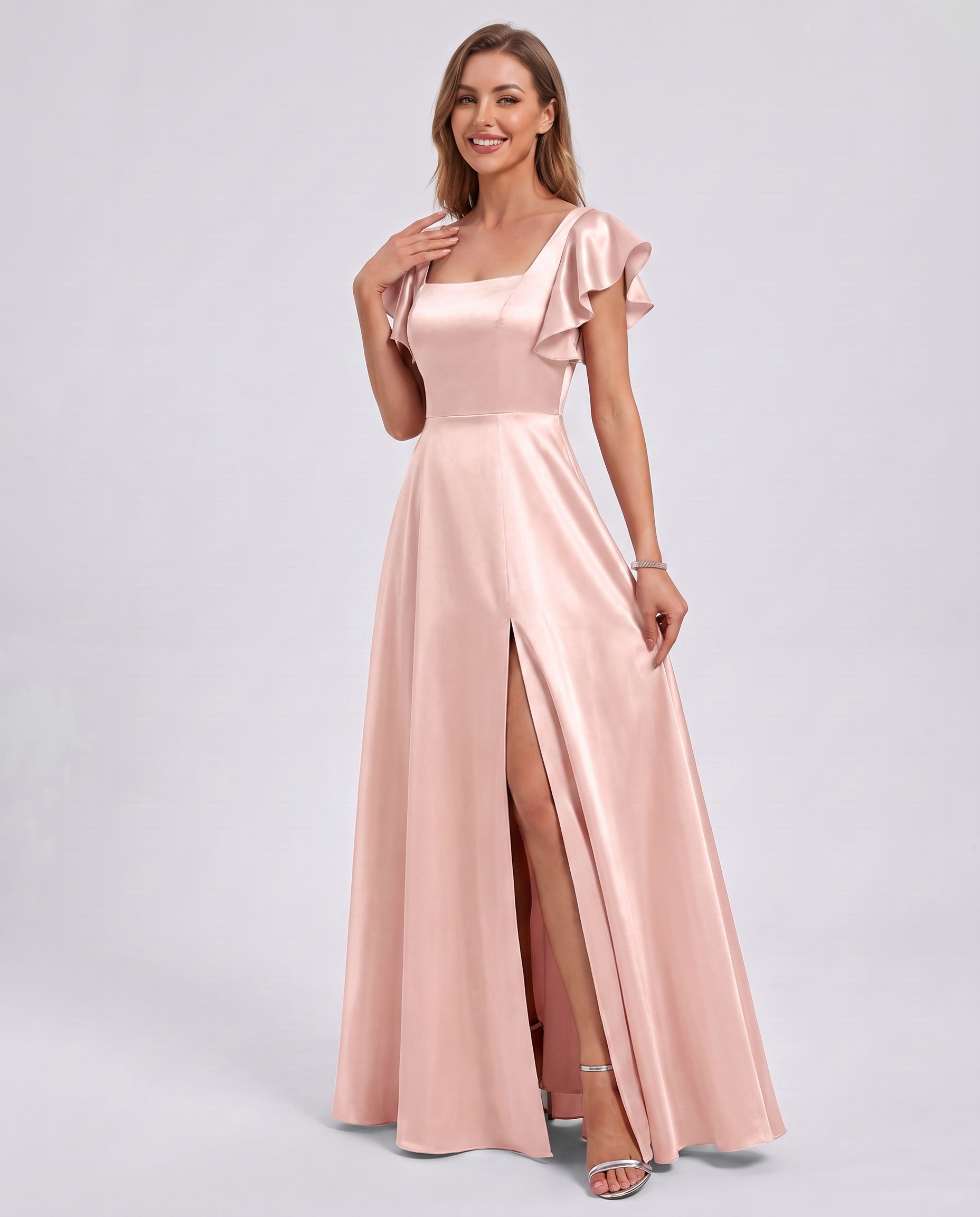 Satin Short Flutter Sleeve Square Neck A-Line Maxi Dress with Pockets for Party, Cocktail, Evening, Wedding Guest & Summer Ev