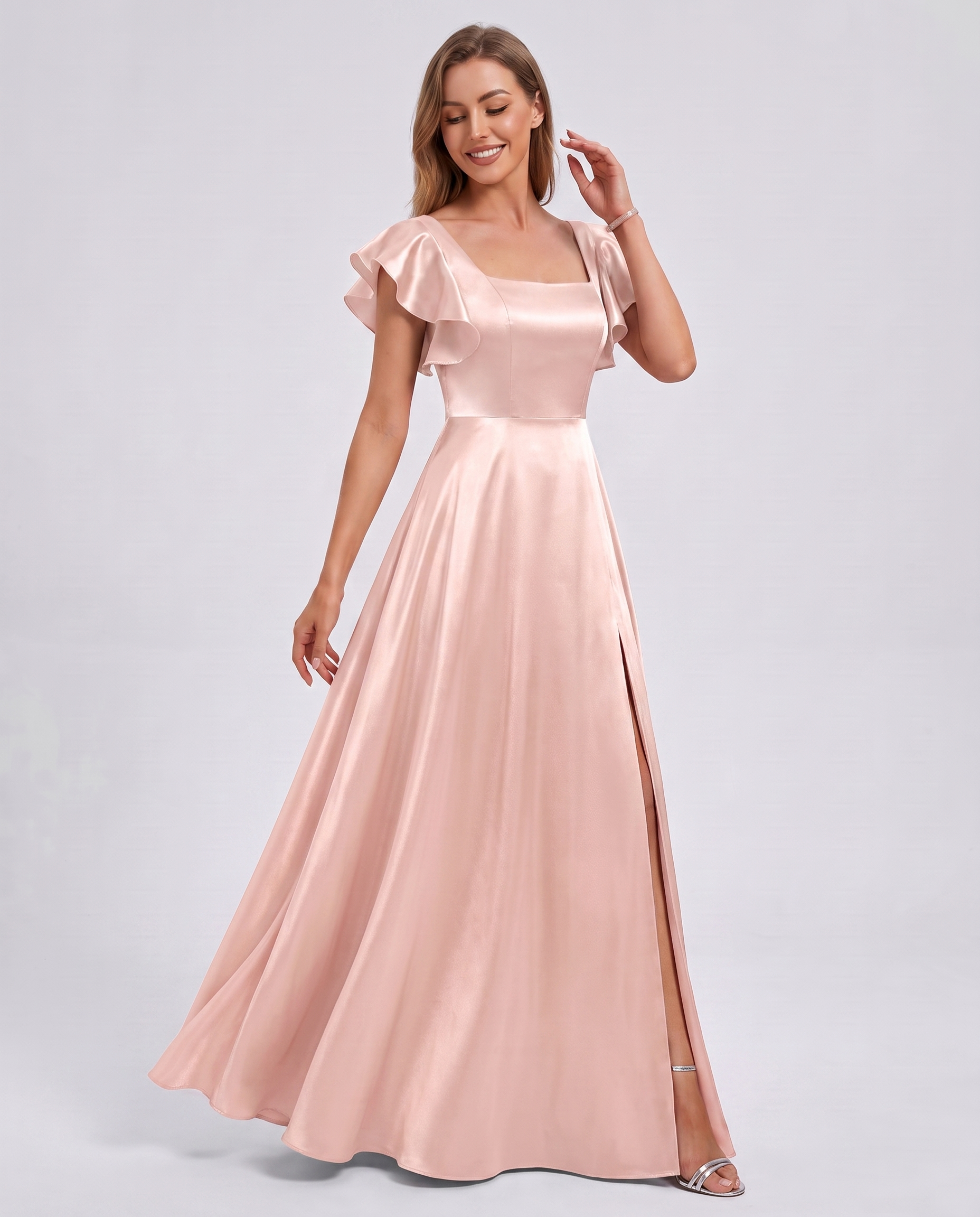 Satin Short Flutter Sleeve Square Neck A-Line Maxi Dress with Pockets for Party, Cocktail, Evening, Wedding Guest & Summer Ev