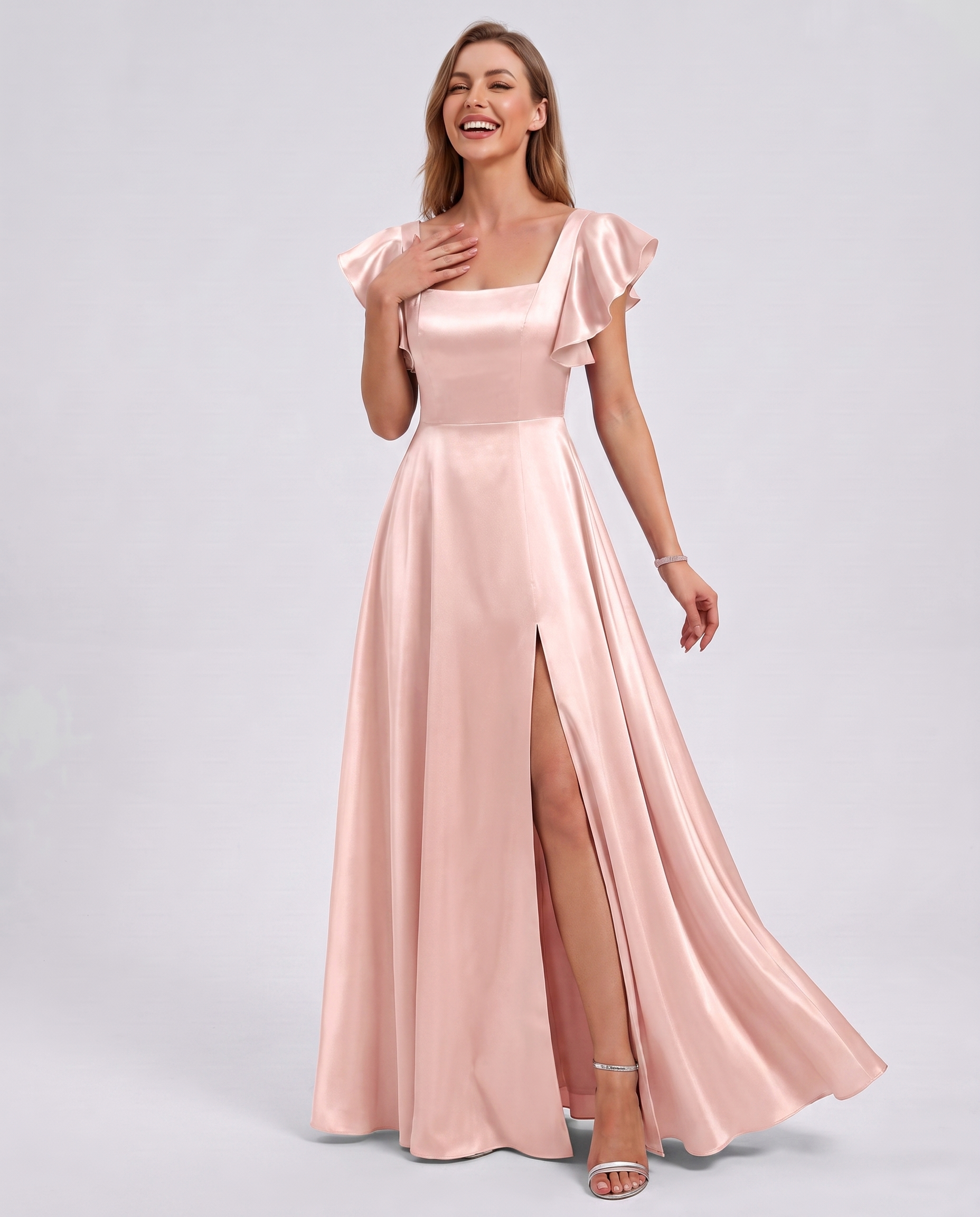 Satin Short Flutter Sleeve Square Neck A-Line Maxi Dress with Pockets for Party, Cocktail, Evening, Wedding Guest & Summer Ev