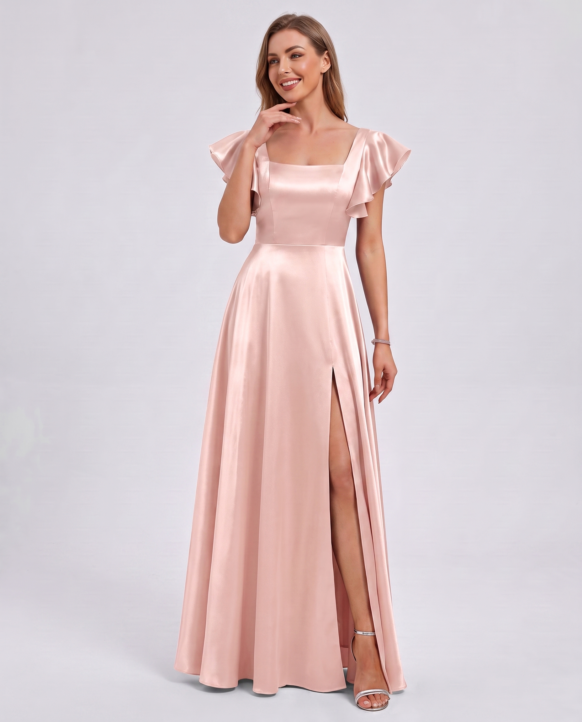 Satin Short Flutter Sleeve Square Neck A-Line Maxi Dress with Pockets for Party, Cocktail, Evening, Wedding Guest & Summer Ev