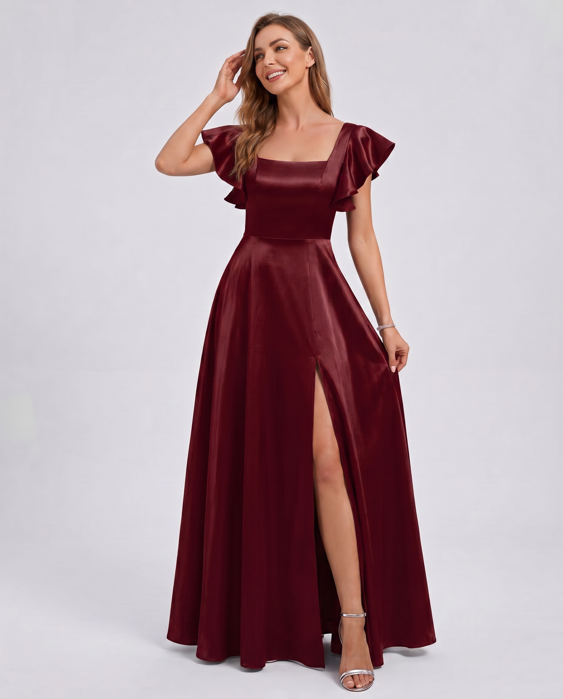 Satin Short Flutter Sleeve Square Neck A-Line Maxi Dress with Pockets for Party, Cocktail, Evening, Wedding Guest & Summer Ev