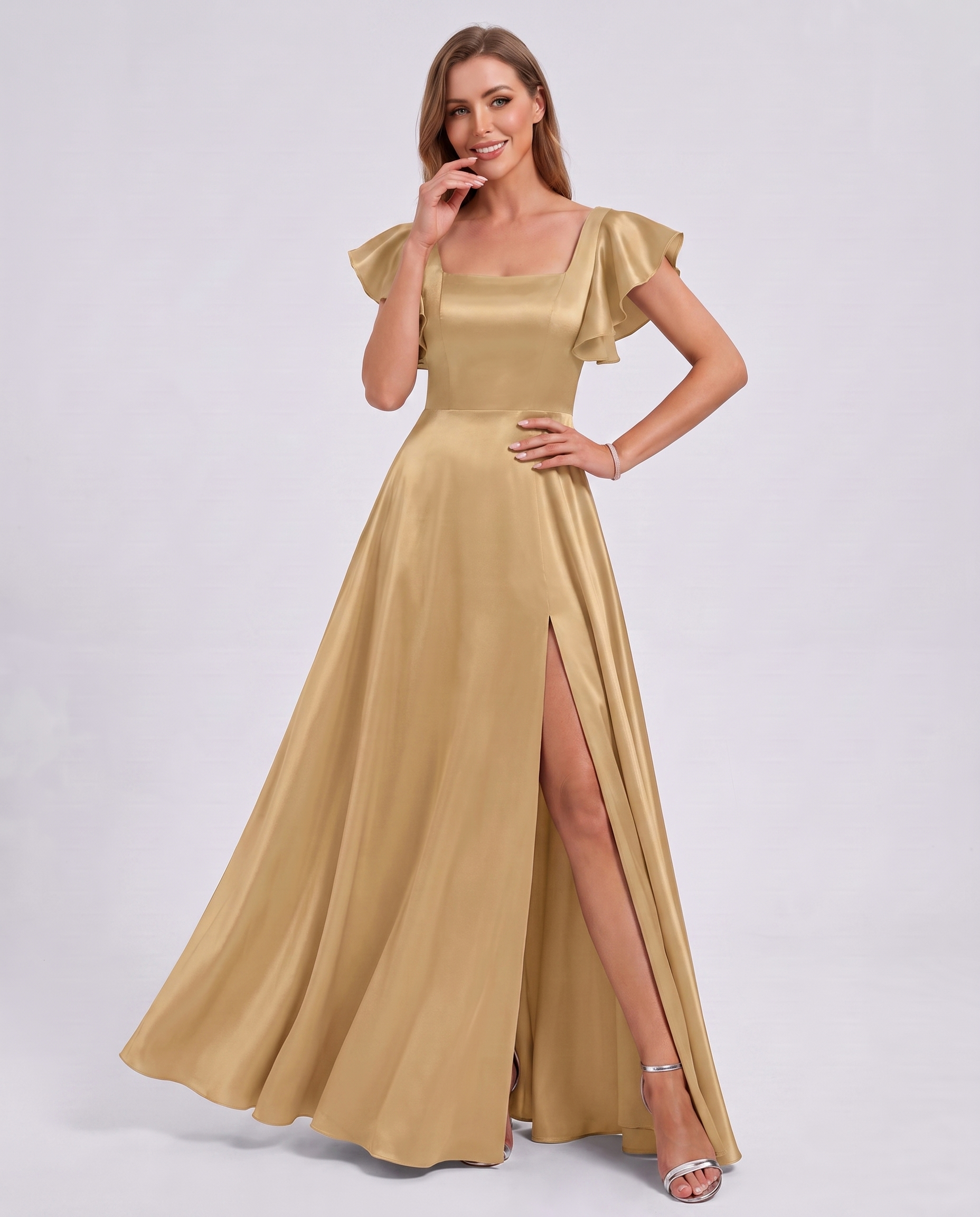 Satin Short Flutter Sleeve Square Neck A-Line Maxi Dress with Pockets for Party, Cocktail, Evening, Wedding Guest & Summer Ev