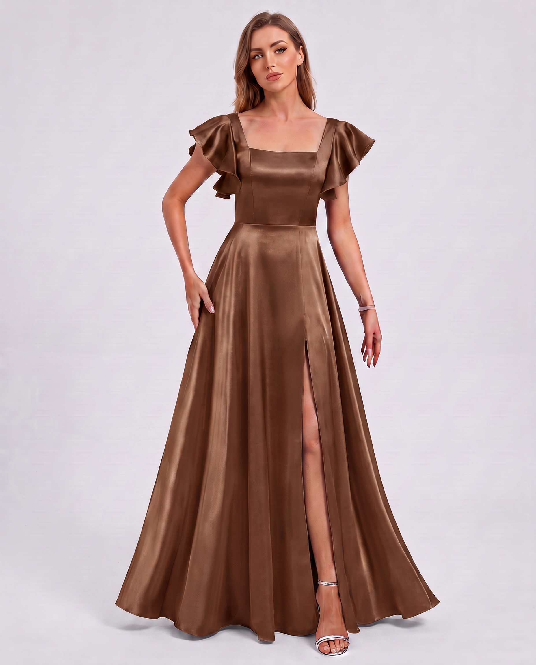 Satin Short Flutter Sleeve Square Neck A-Line Maxi Dress with Pockets for Party, Cocktail, Evening, Wedding Guest & Summer Ev