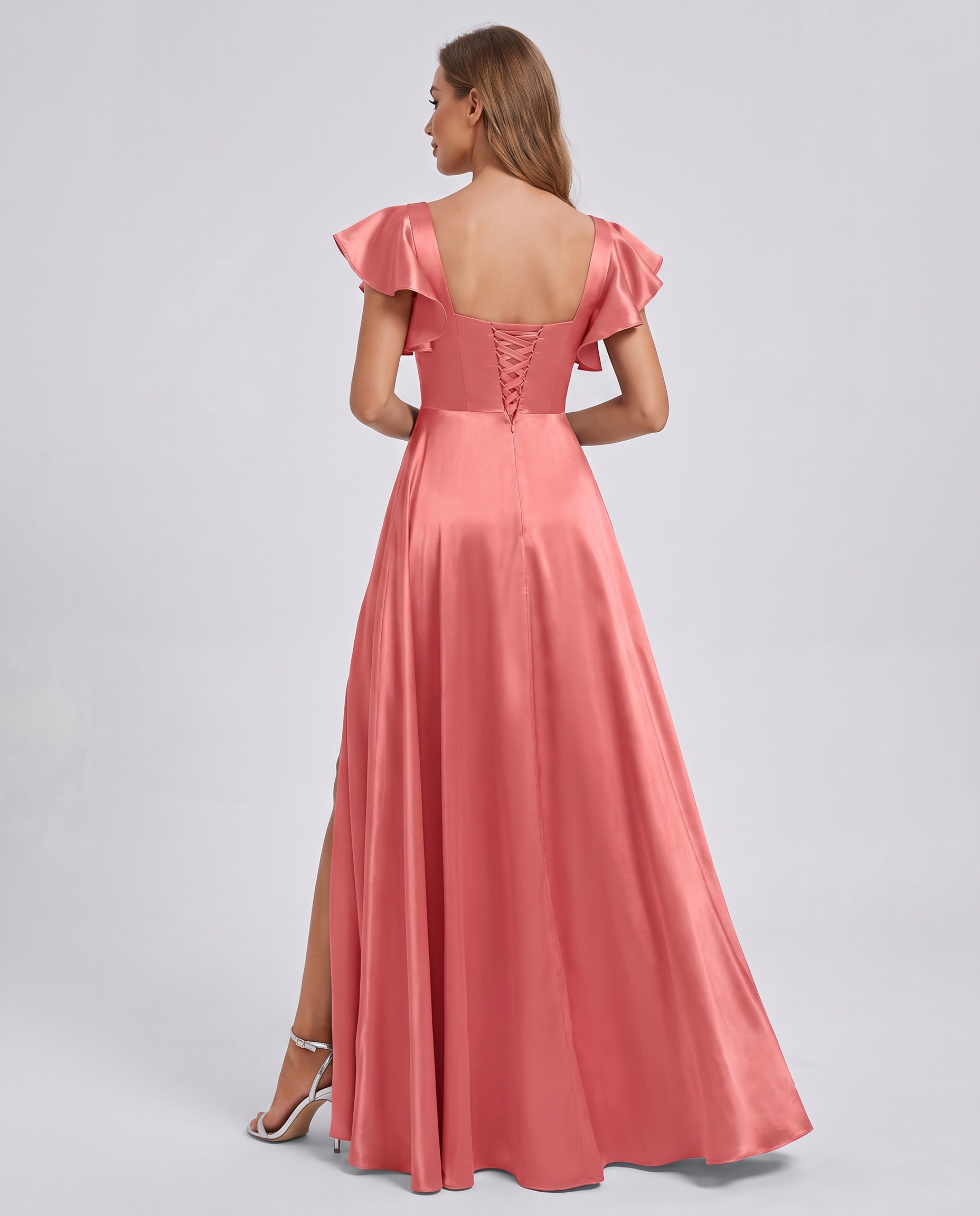 Satin Short Flutter Sleeve Square Neck A-Line Maxi Dress with Pockets for Party, Cocktail, Evening, Wedding Guest & Summer Ev