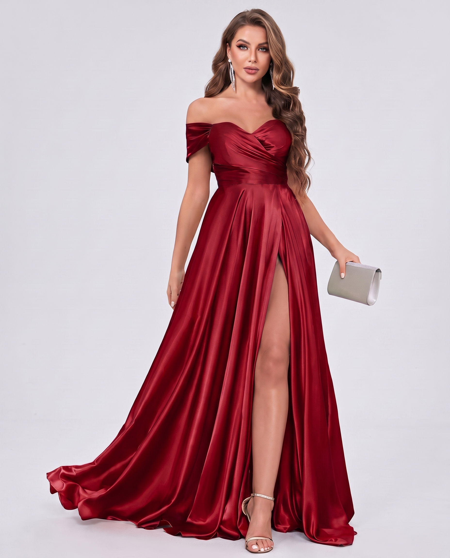 Satin Off-the-Shoulder Sweetheart A-Line Maxi Dress with Slit for Party, Cocktail, Evening, Wedding Guest, Prom & Summer Even