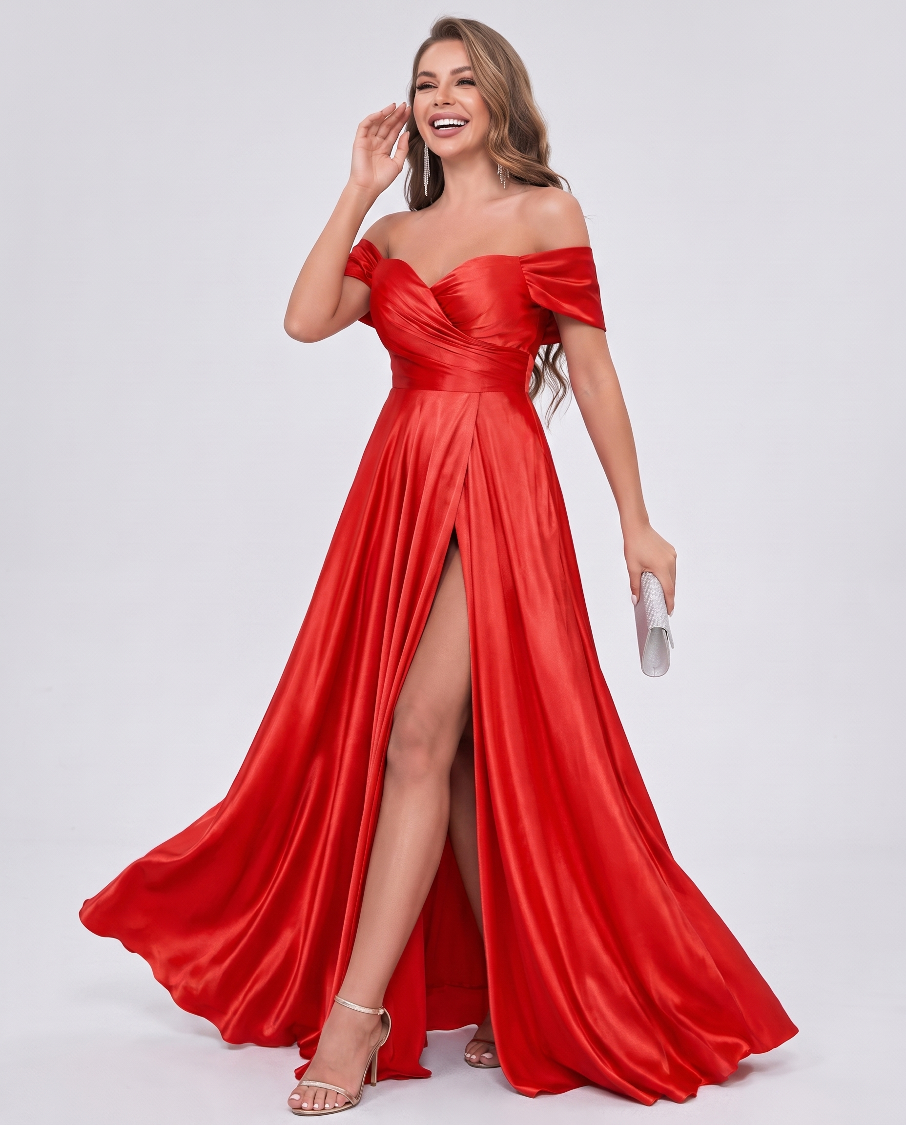 Satin Off-the-Shoulder Sweetheart A-Line Maxi Dress with Slit for Party, Cocktail, Evening, Wedding Guest, Prom & Summer Even