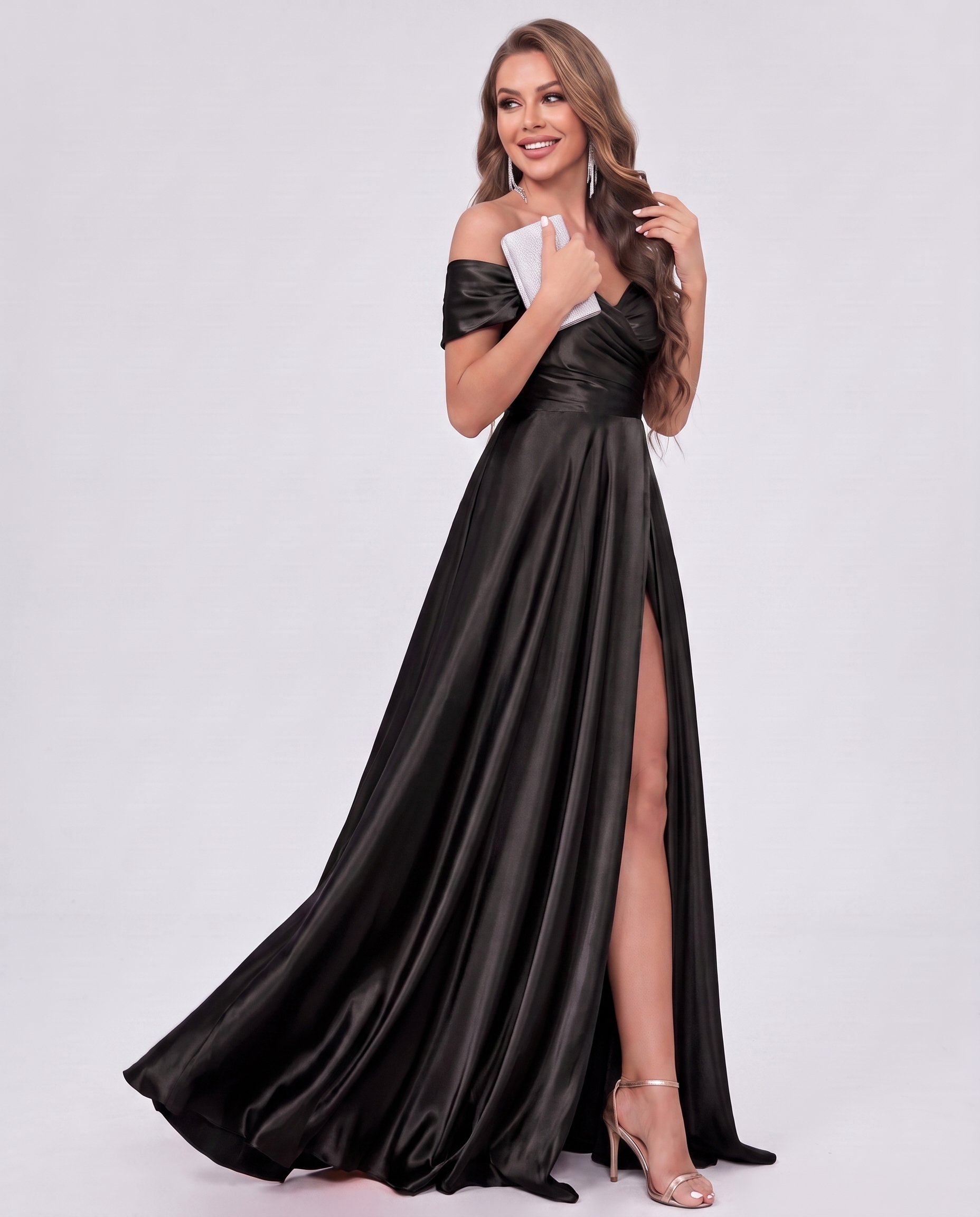 Satin Off-the-Shoulder Sweetheart A-Line Maxi Dress with Slit for Party, Cocktail, Evening, Wedding Guest, Prom & Summer Even