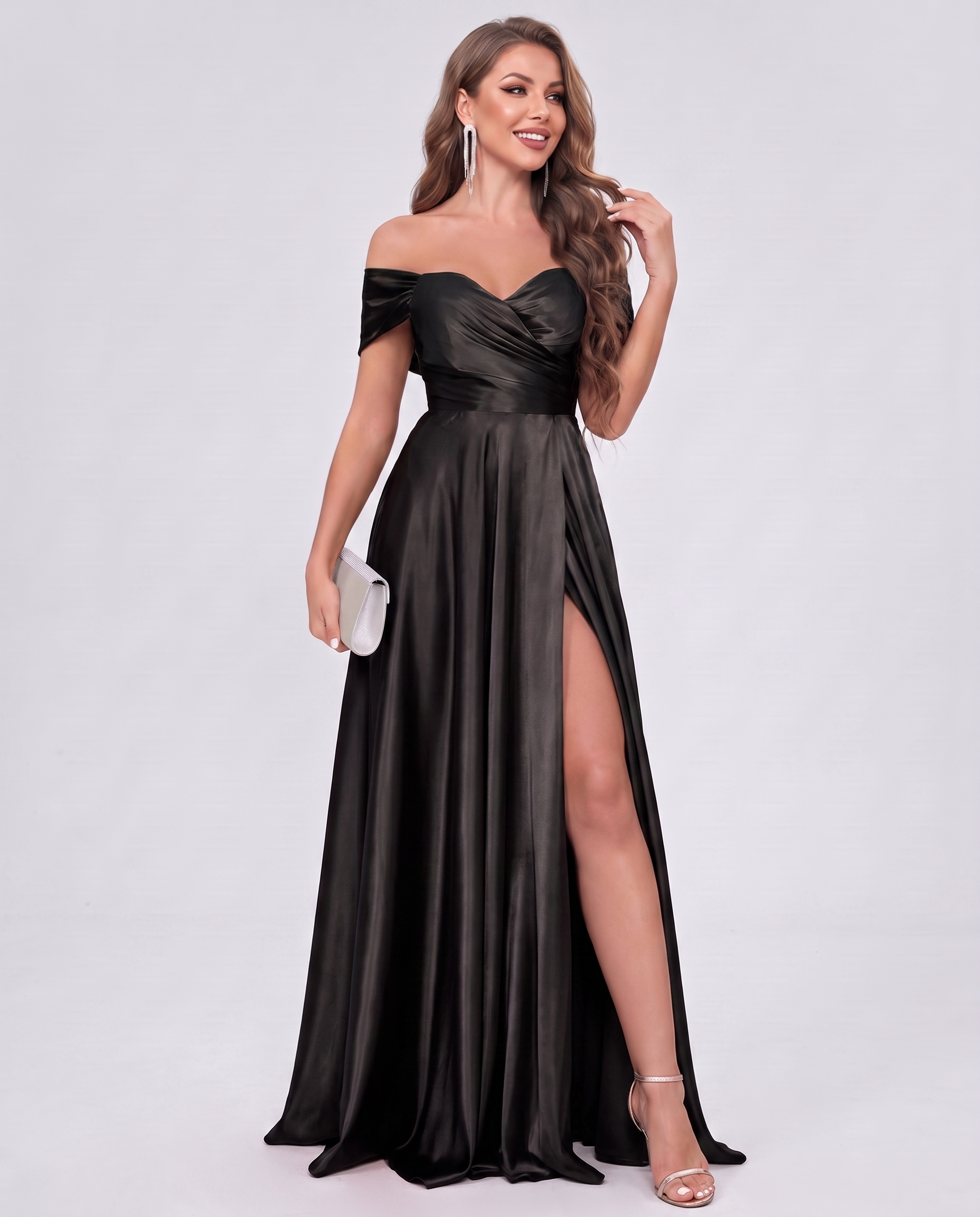 Satin Off-the-Shoulder Sweetheart A-Line Maxi Dress with Slit for Party, Cocktail, Evening, Wedding Guest, Prom & Summer Even
