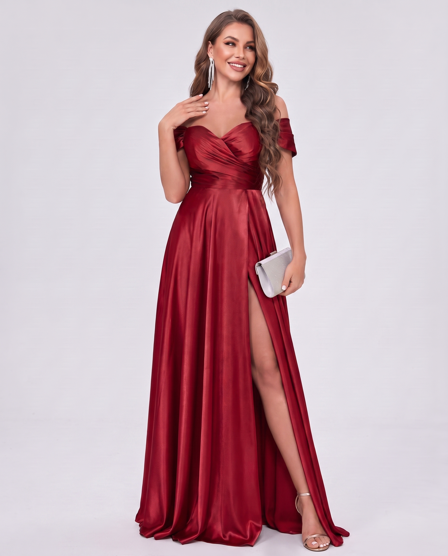 Satin Off-the-Shoulder Sweetheart A-Line Maxi Dress with Slit for Party, Cocktail, Evening, Wedding Guest, Prom & Summer Even