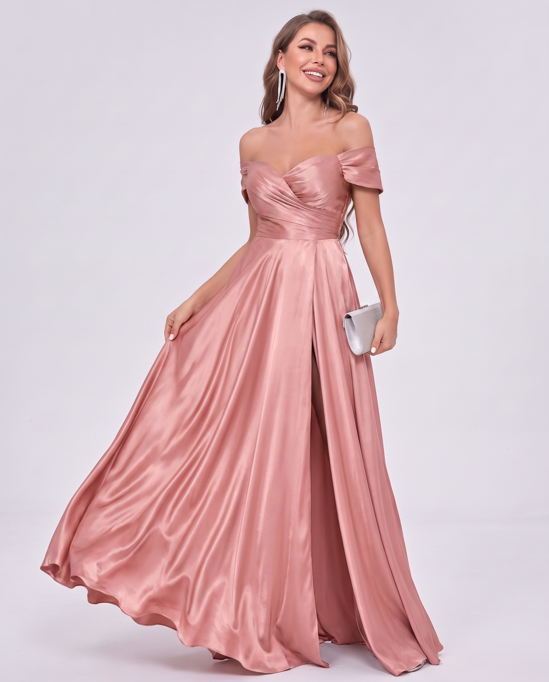 Satin Off-the-Shoulder Sweetheart A-Line Maxi Dress with Slit for Party, Cocktail, Evening, Wedding Guest, Prom & Summer Even