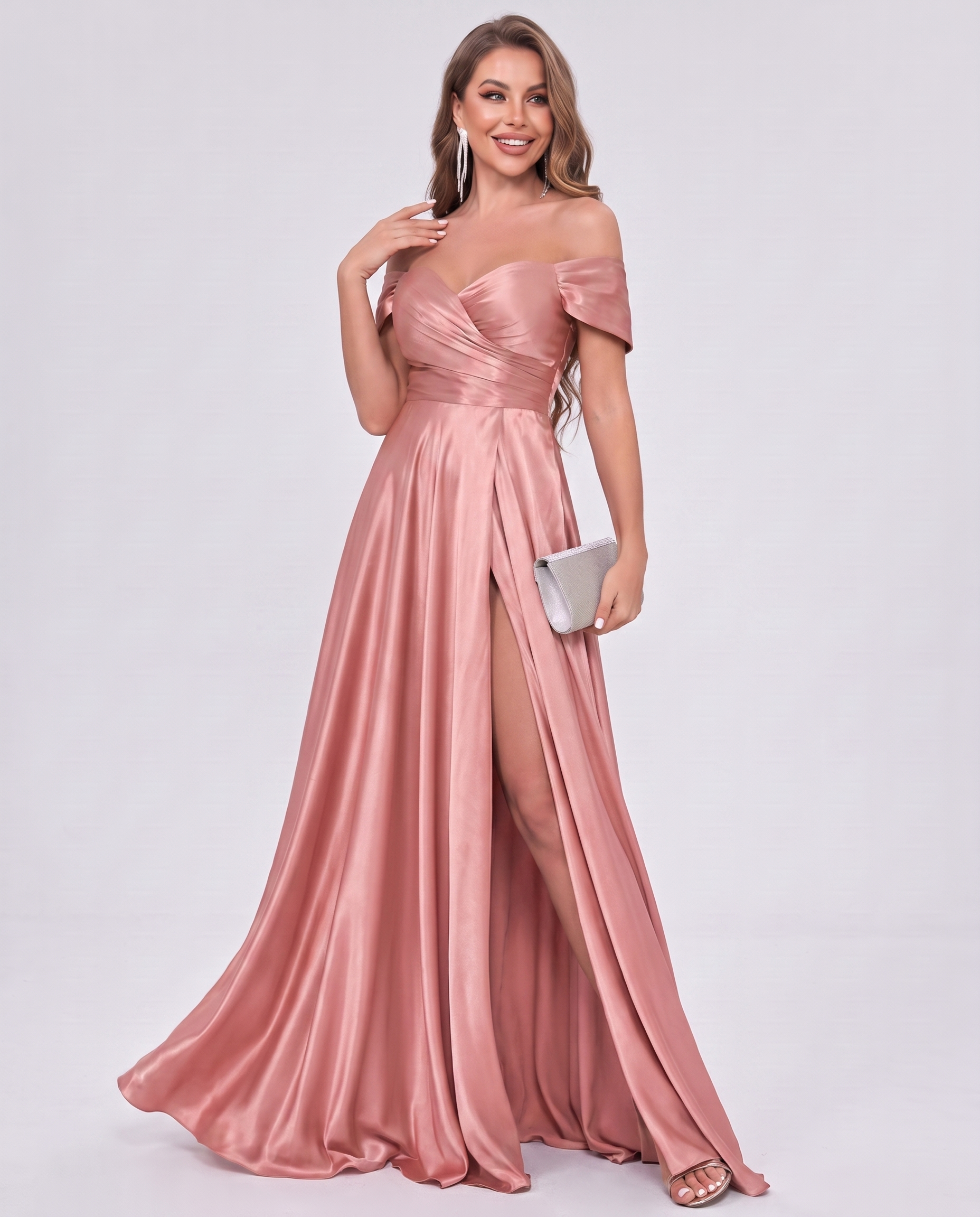 Satin Off-the-Shoulder Sweetheart A-Line Maxi Dress with Slit for Party, Cocktail, Evening, Wedding Guest, Prom & Summer Even