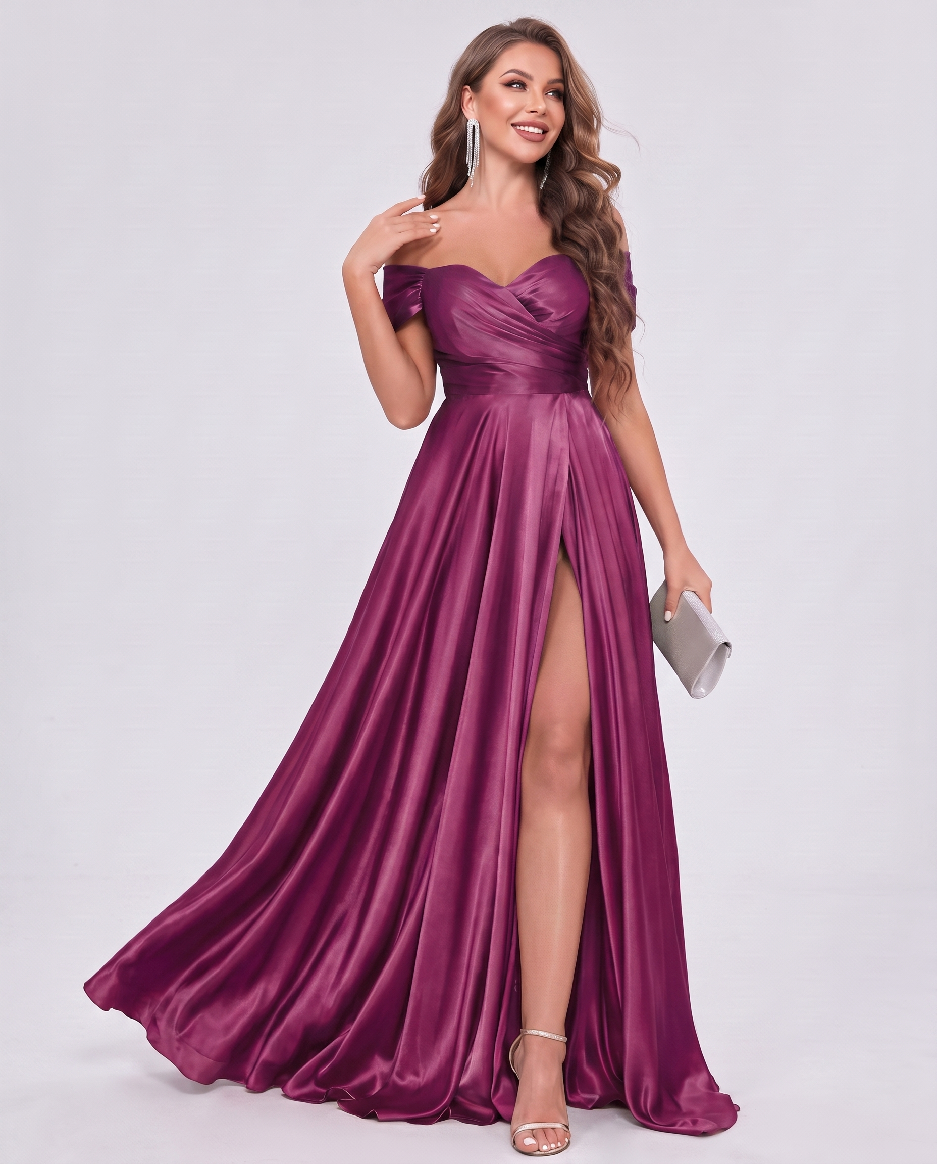 Satin Off-the-Shoulder Sweetheart A-Line Maxi Dress with Slit for Party, Cocktail, Evening, Wedding Guest, Prom & Summer Even