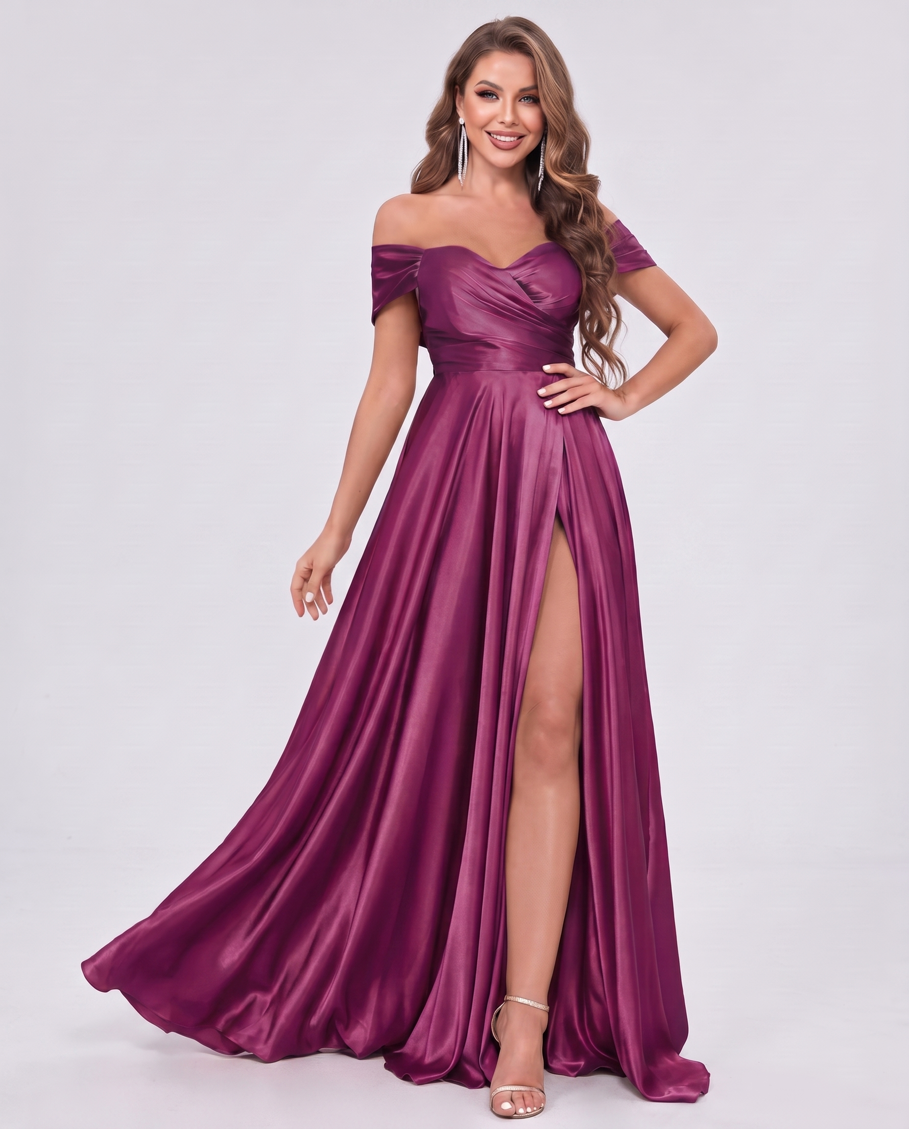 Satin Off-the-Shoulder Sweetheart A-Line Maxi Dress with Slit for Party, Cocktail, Evening, Wedding Guest, Prom & Summer Even