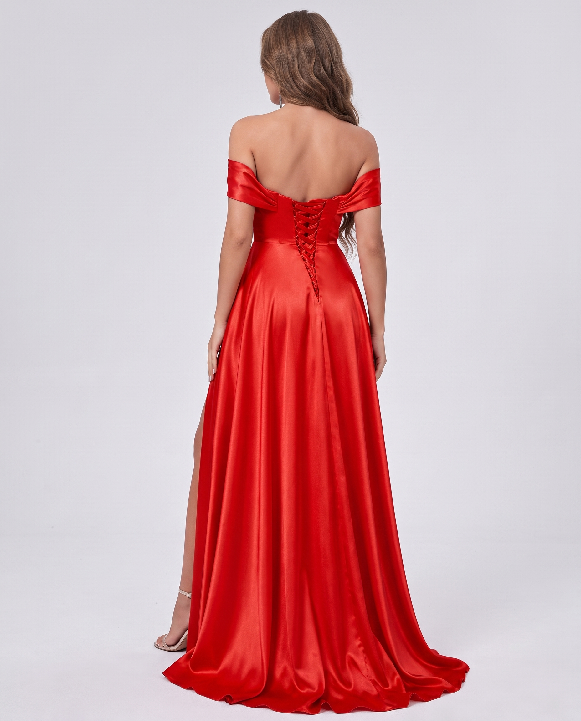 Satin Off-the-Shoulder Sweetheart A-Line Maxi Dress with Slit for Party, Cocktail, Evening, Wedding Guest, Prom & Summer Even