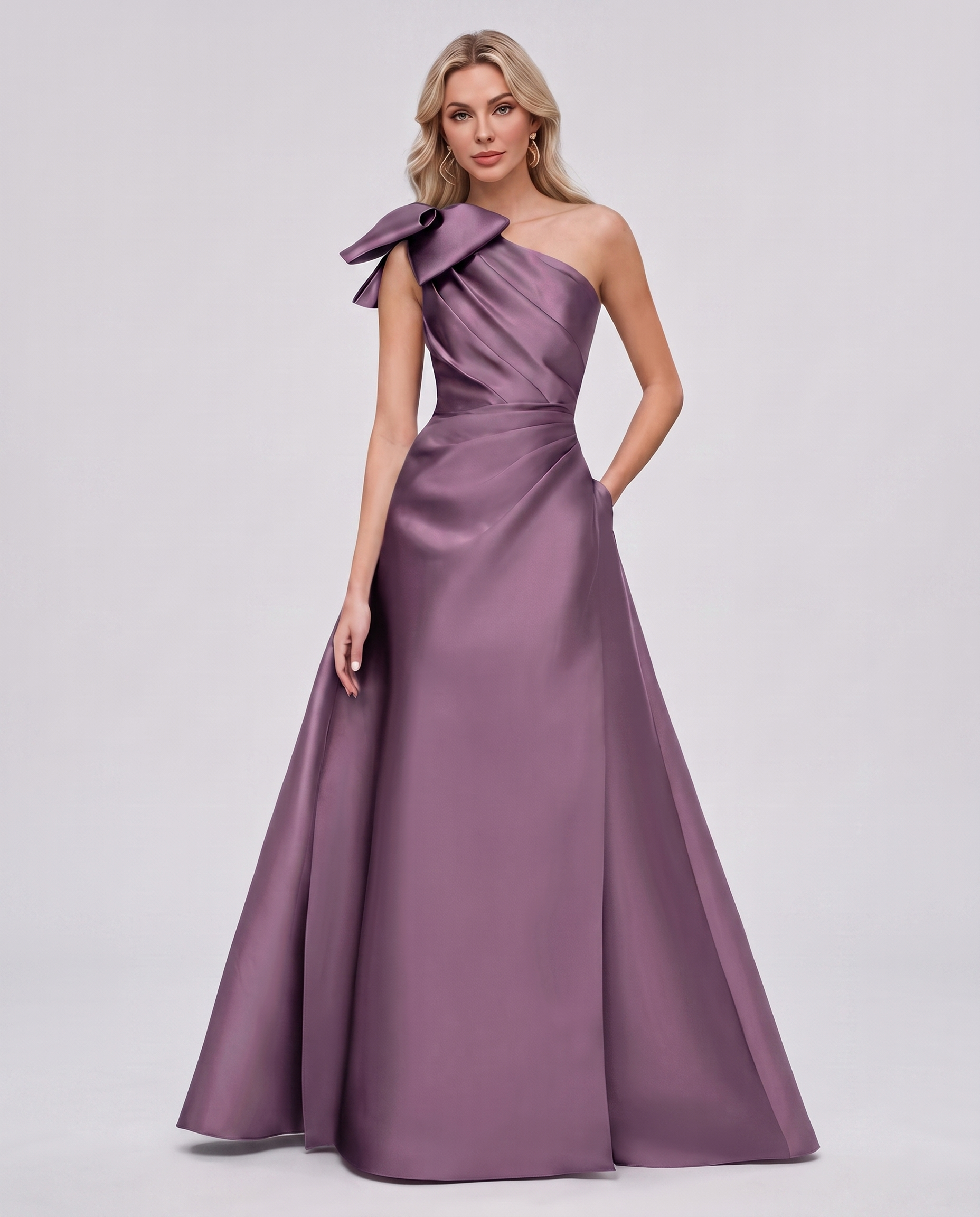 Satin Sleeveless One-Shoulder A-Line Maxi Dress with Bow for Prom, Party, Cocktail, Evening, Wedding Guest & Summer Events in