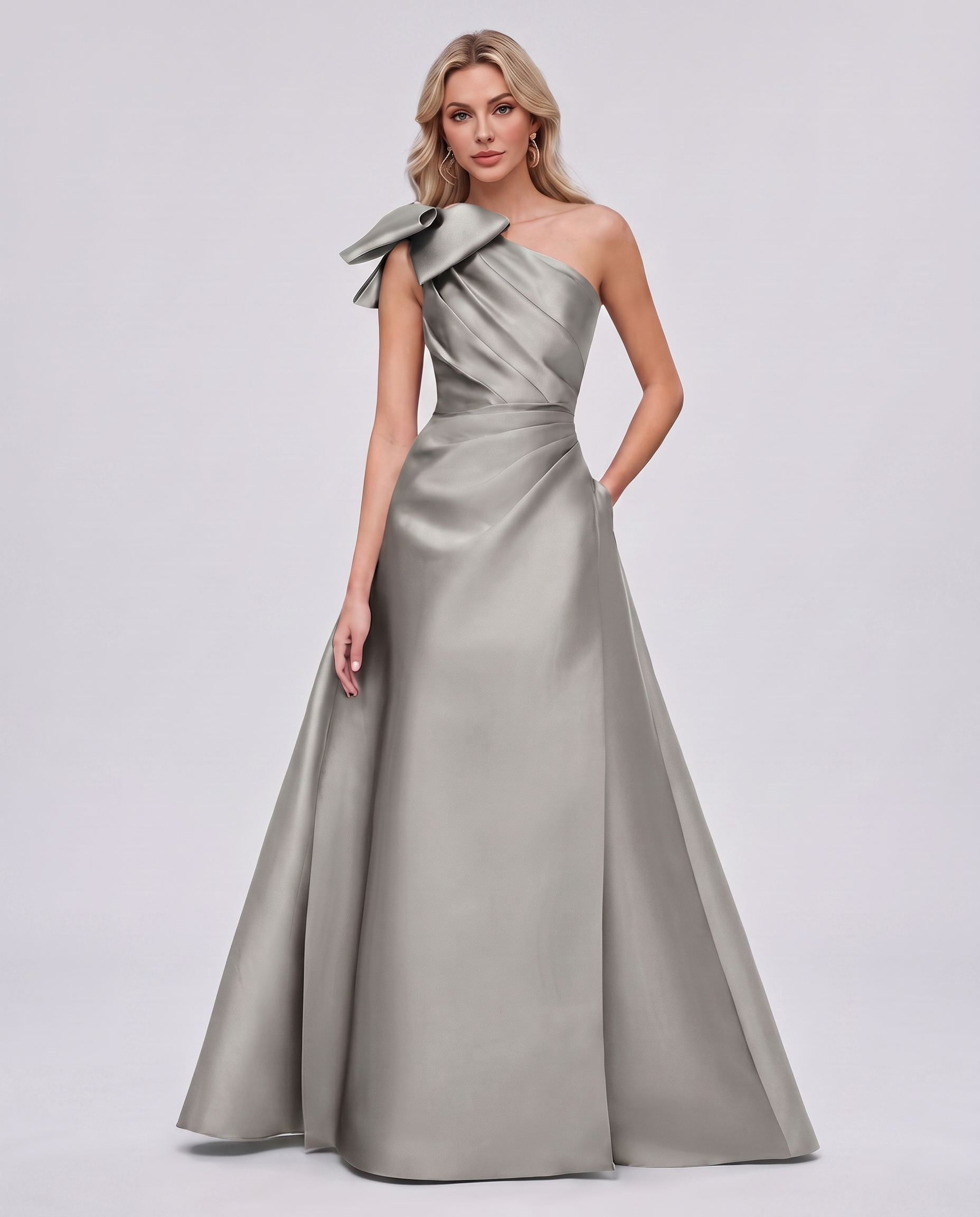 Satin Sleeveless One-Shoulder A-Line Maxi Dress with Bow for Prom, Party, Cocktail, Evening, Wedding Guest & Summer Events in