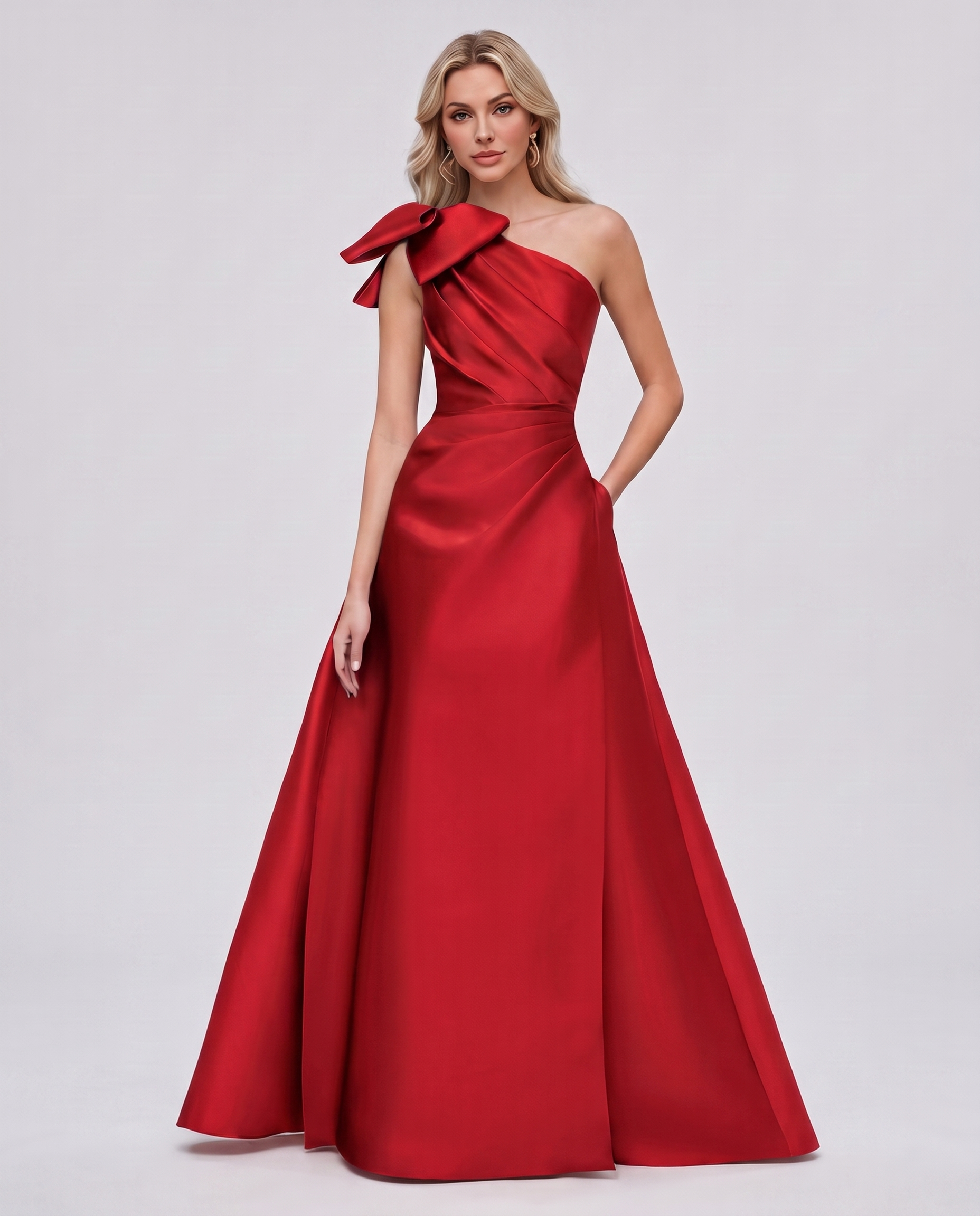 Satin Sleeveless One-Shoulder A-Line Maxi Dress with Bow for Prom, Party, Cocktail, Evening, Wedding Guest & Summer Events in