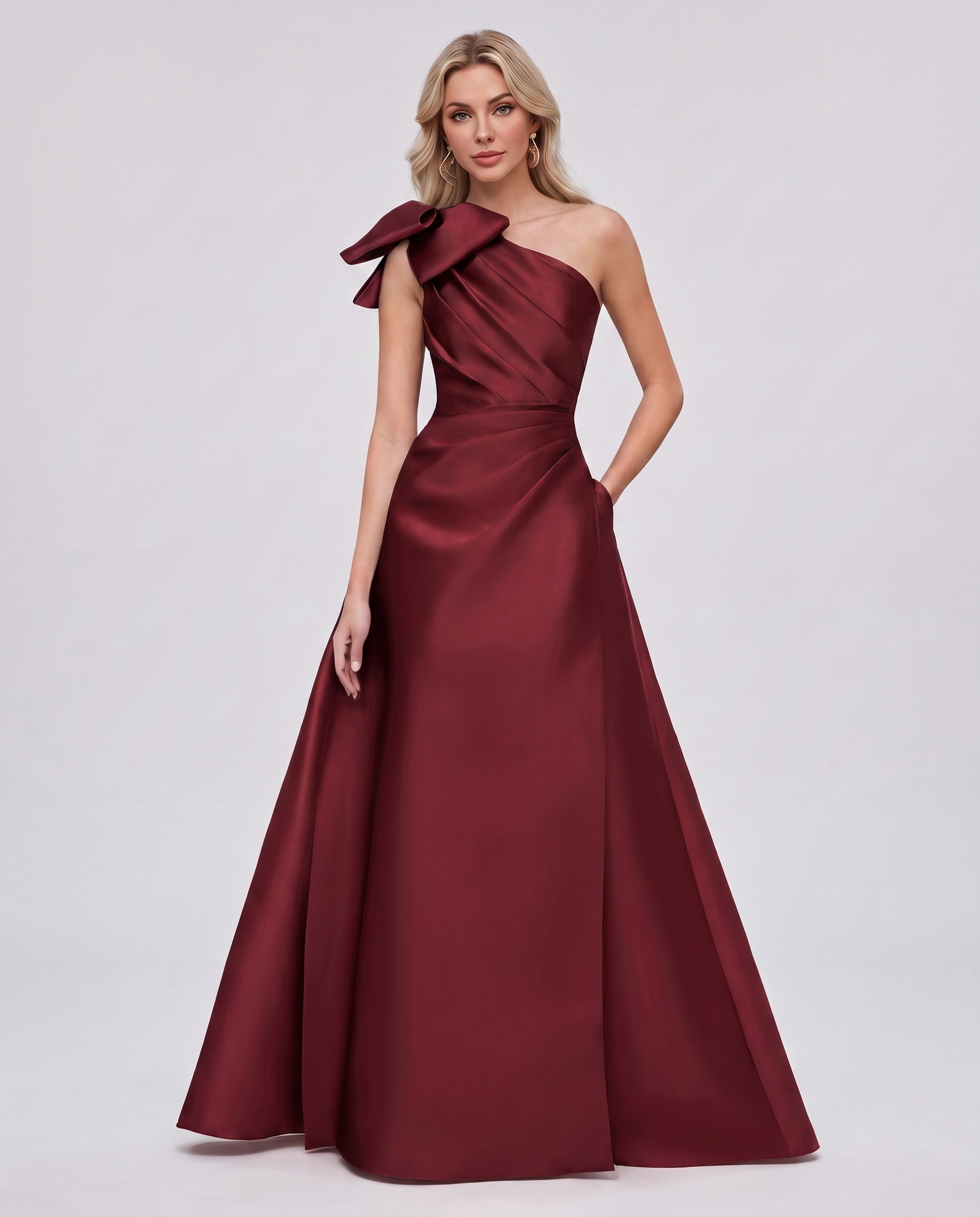 Satin Sleeveless One-Shoulder A-Line Maxi Dress with Bow for Prom, Party, Cocktail, Evening, Wedding Guest & Summer Events in