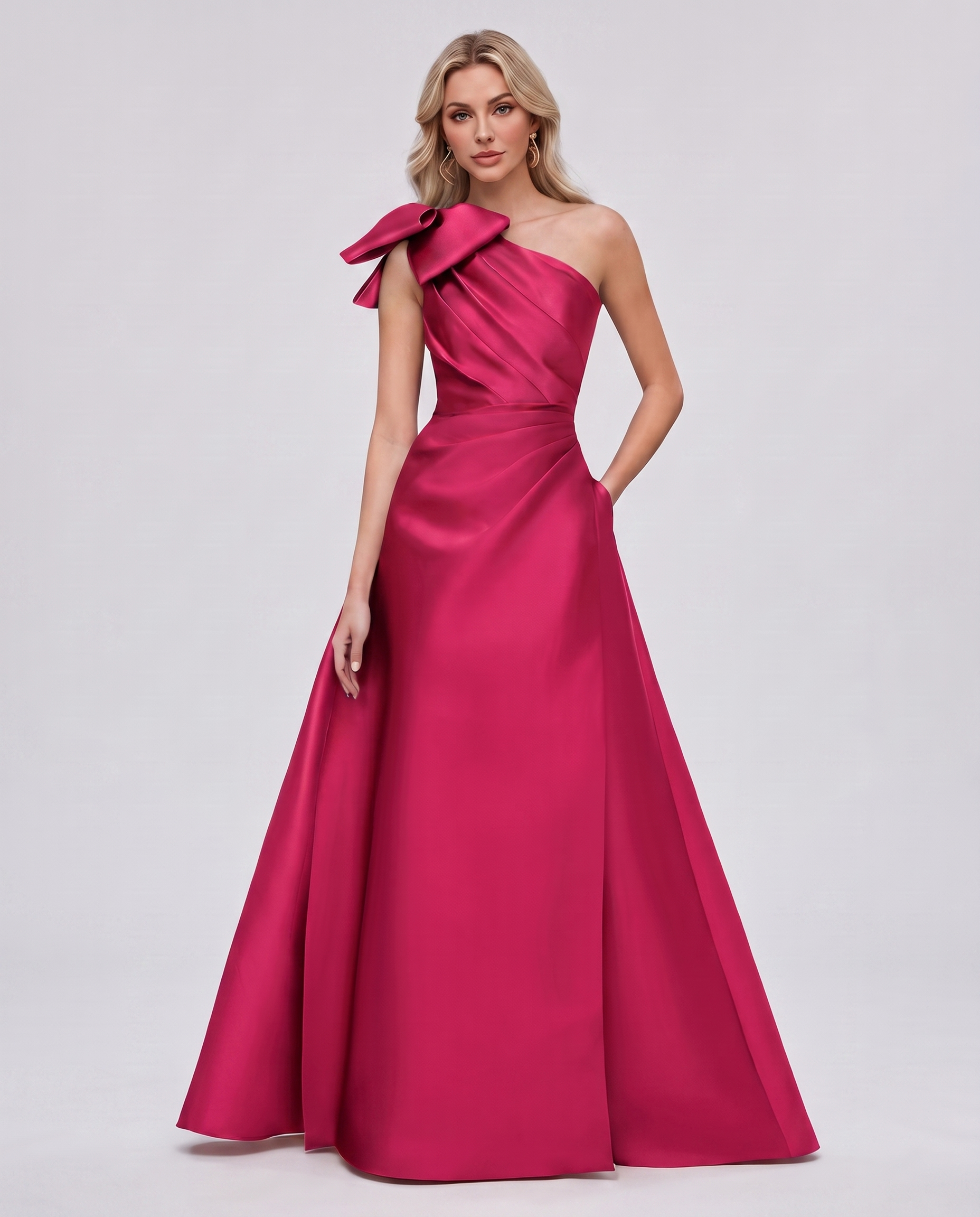 Satin Sleeveless One-Shoulder A-Line Maxi Dress with Bow for Prom, Party, Cocktail, Evening, Wedding Guest & Summer Events in