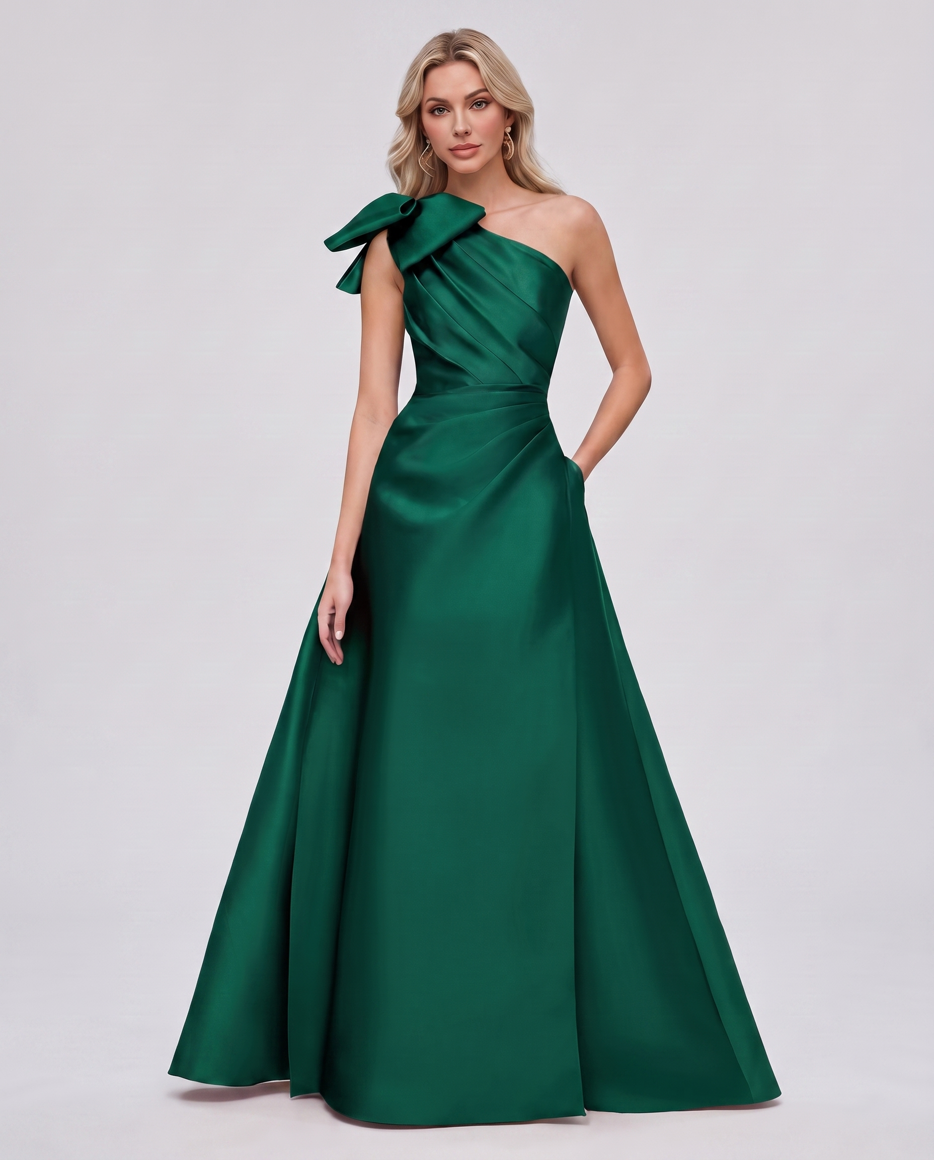 Satin Sleeveless One-Shoulder A-Line Maxi Dress with Bow for Prom, Party, Cocktail, Evening, Wedding Guest & Summer Events in