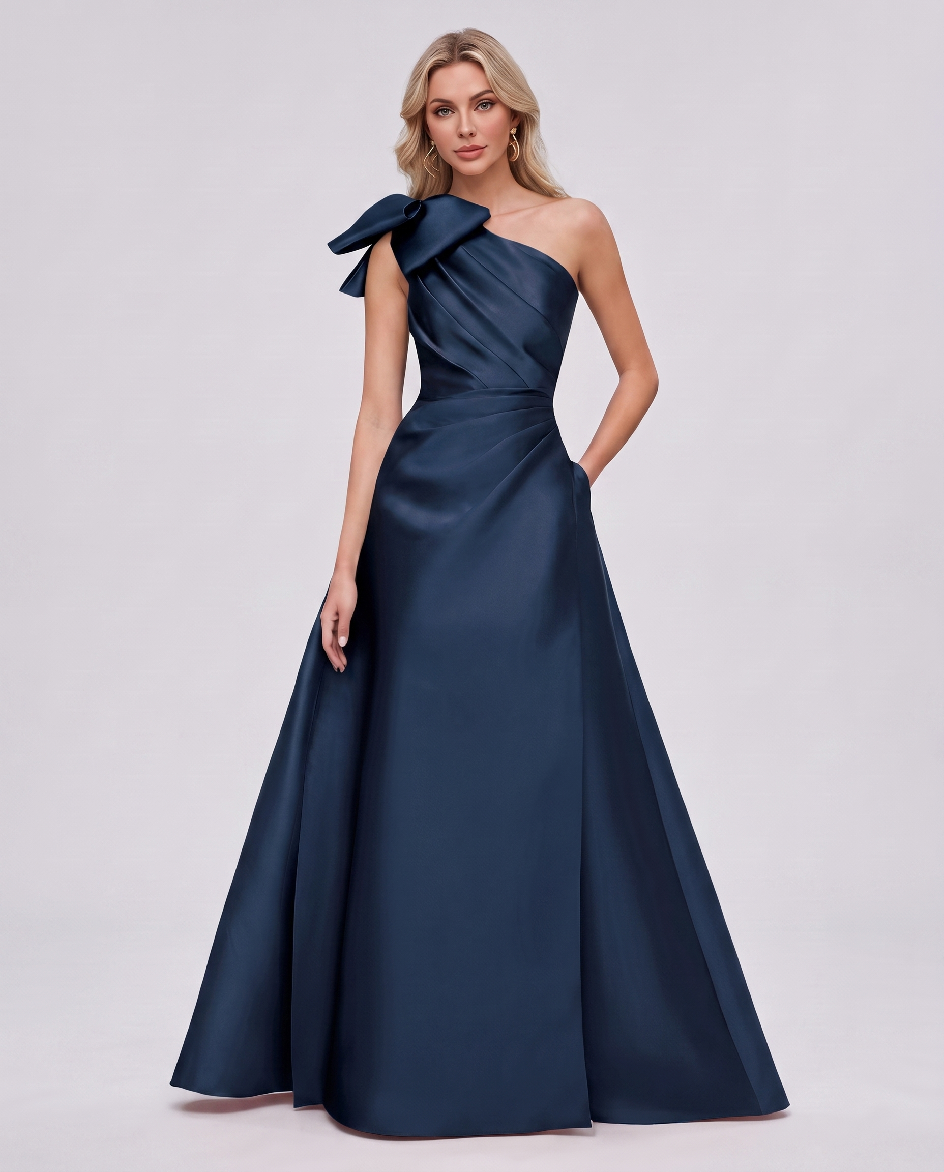 Satin Sleeveless One-Shoulder A-Line Maxi Dress with Bow for Prom, Party, Cocktail, Evening, Wedding Guest & Summer Events in